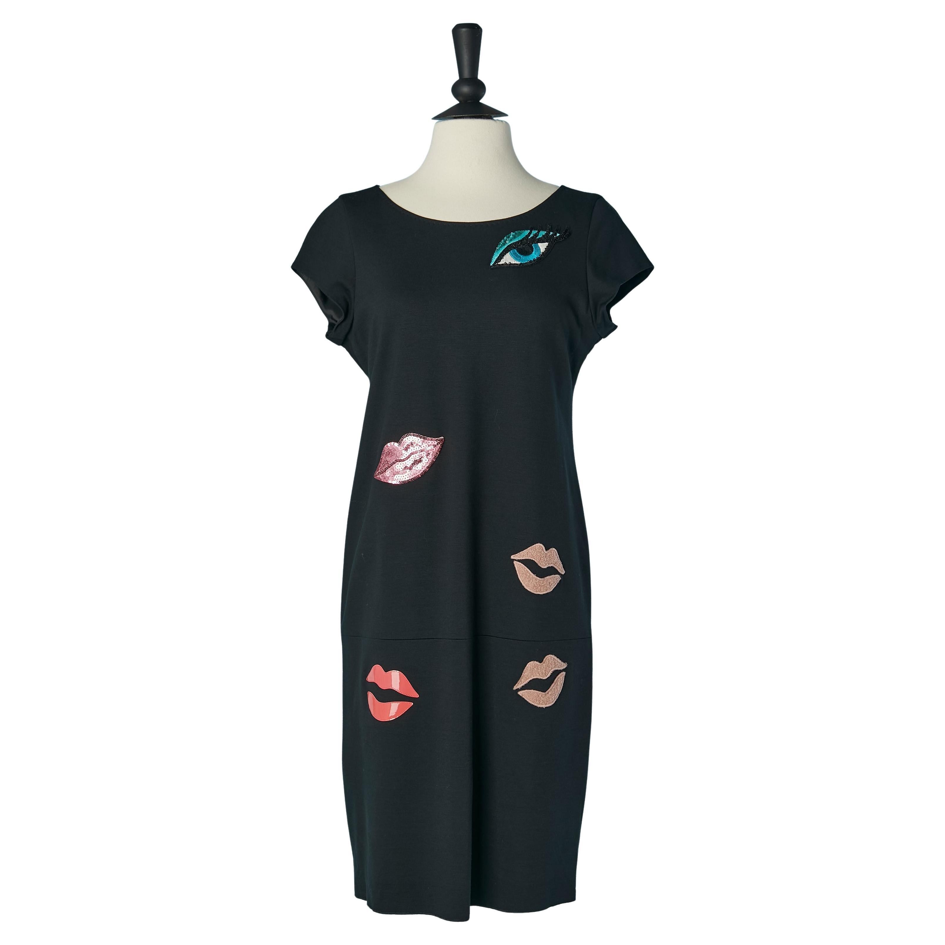 Black cocktail dress with "eye and lips" appliqué MOSCHINO Cheap and Chic For Sale