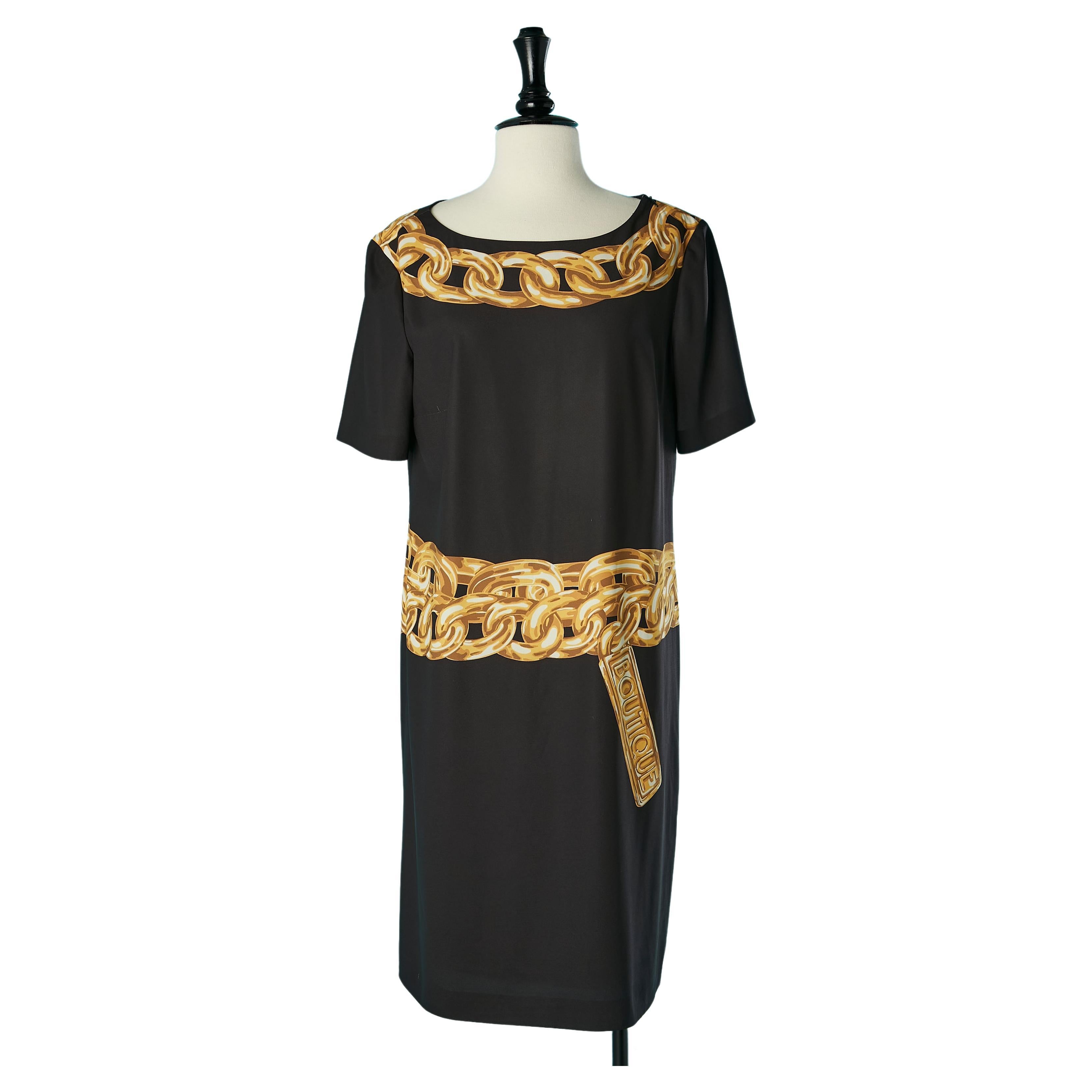 Black cocktail dress with gold oversize printed chain Boutique Moschino  For Sale