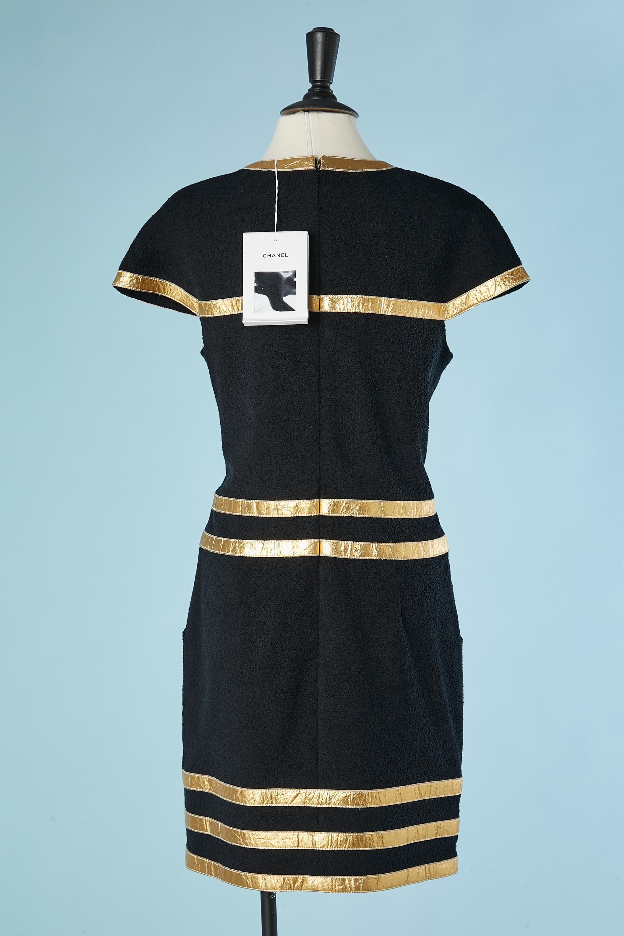 Black cocktail dress with gold ribbons appliqué Chanel Métiers d'art Egyptomania For Sale 1