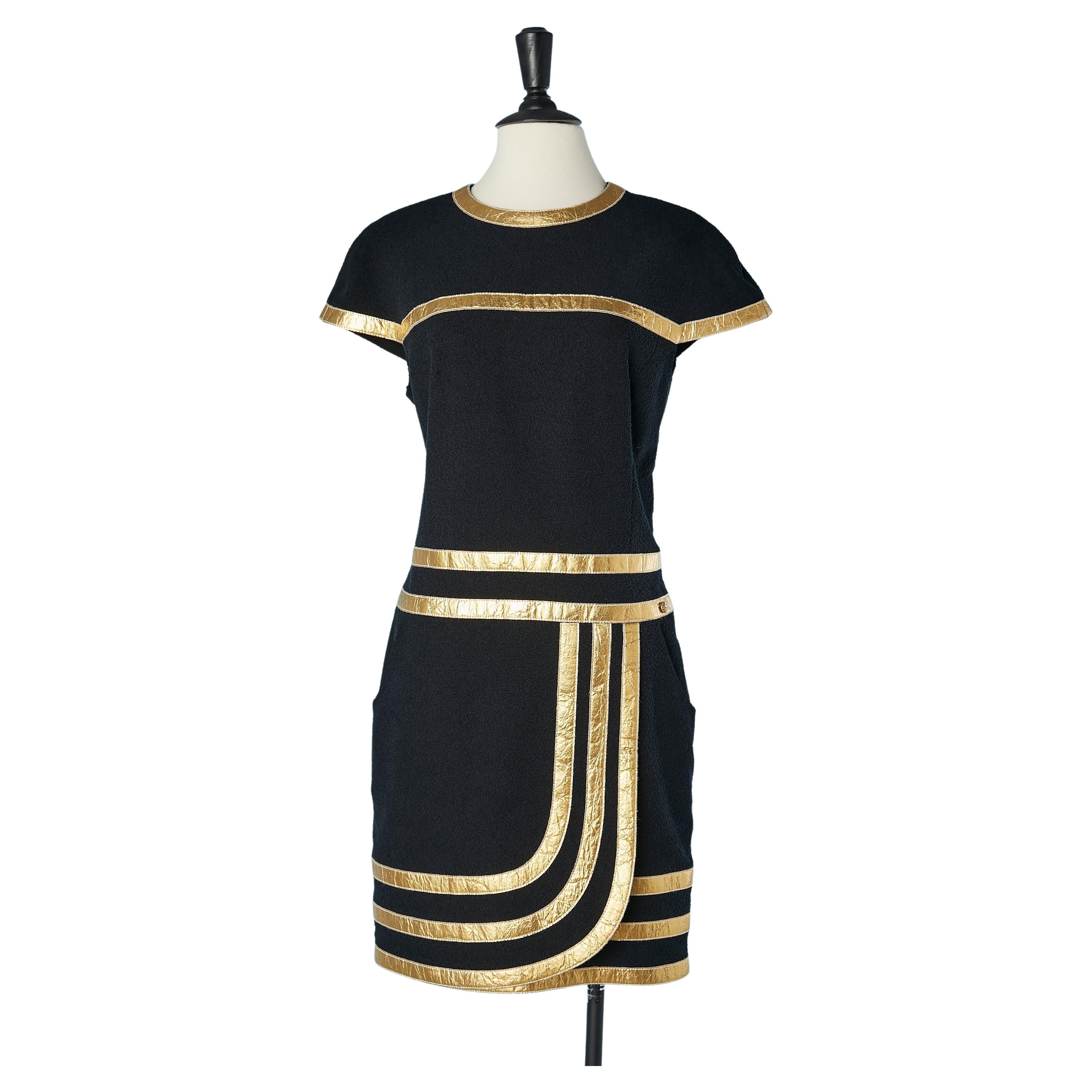 Black cocktail dress with gold ribbons appliqué Chanel Métiers d'art Egyptomania For Sale