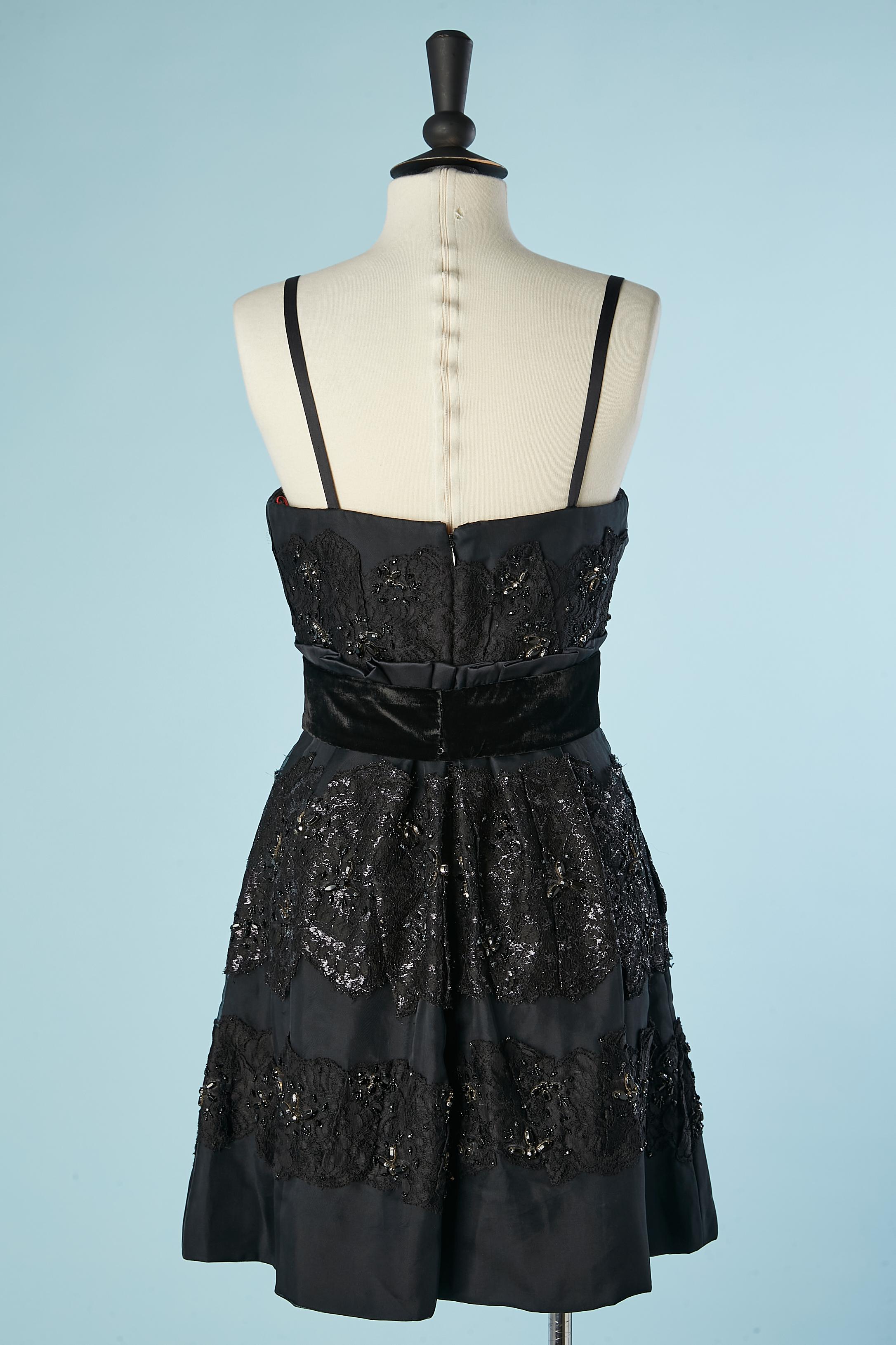 Black cocktail dress with lace, beads and velvet belt Christian Lacroix  For Sale 1