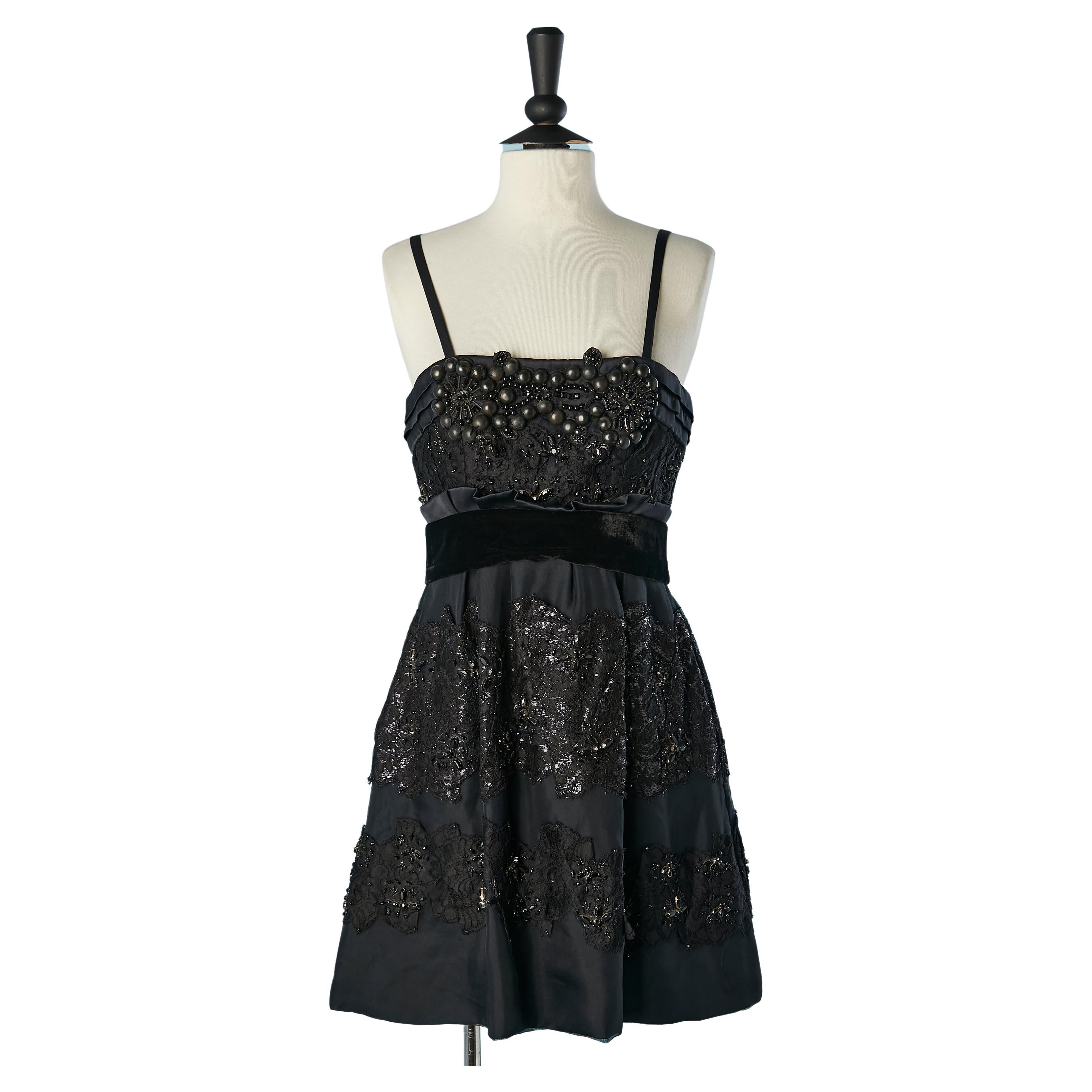 Black cocktail dress with lace, beads and velvet belt Christian Lacroix  For Sale