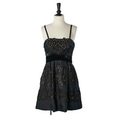 Black cocktail dress with lace, beads and velvet belt Christian Lacroix 