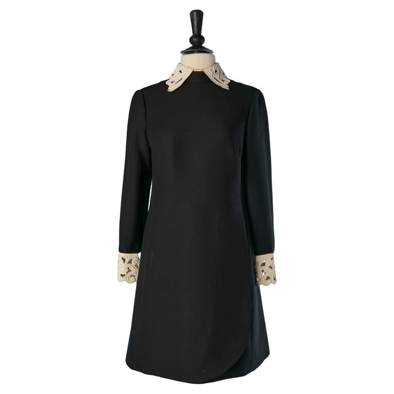 black dress with white cuffs and collar Black Sheath Dress, Peter Pan Collar, Midi Office Wear Presentation dress Modern Midi dress Three quarter sleeve dress