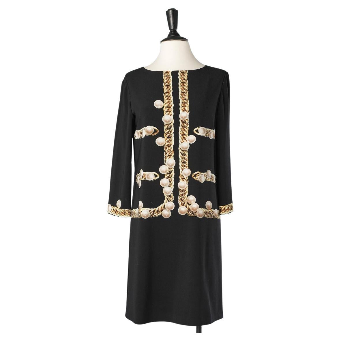 Black cocktail dress with oversize pearls and chain print Moschino Cheap & Chic  For Sale