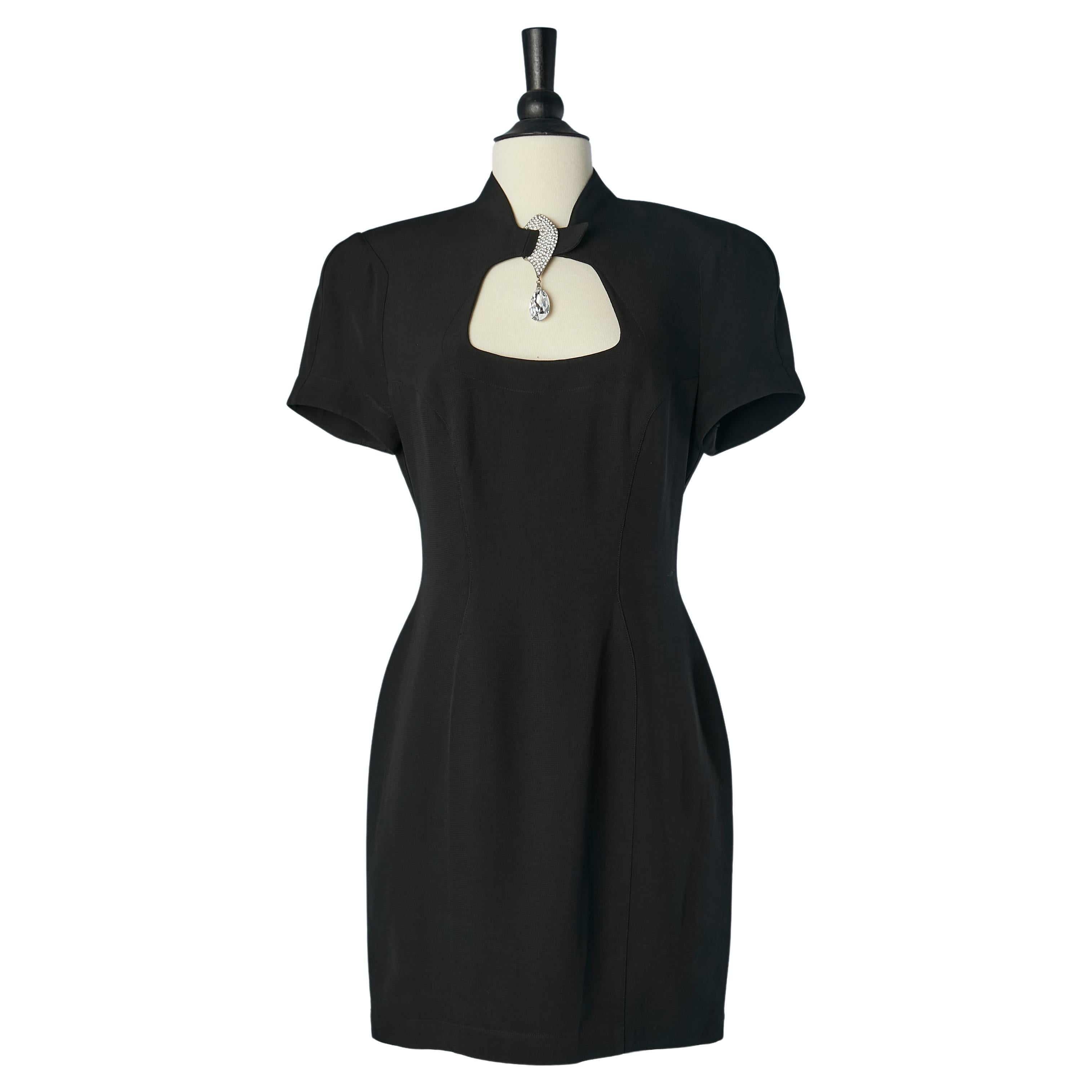 Black cocktail dress with rhinestone embellishement on the front Thierry Mugler For Sale