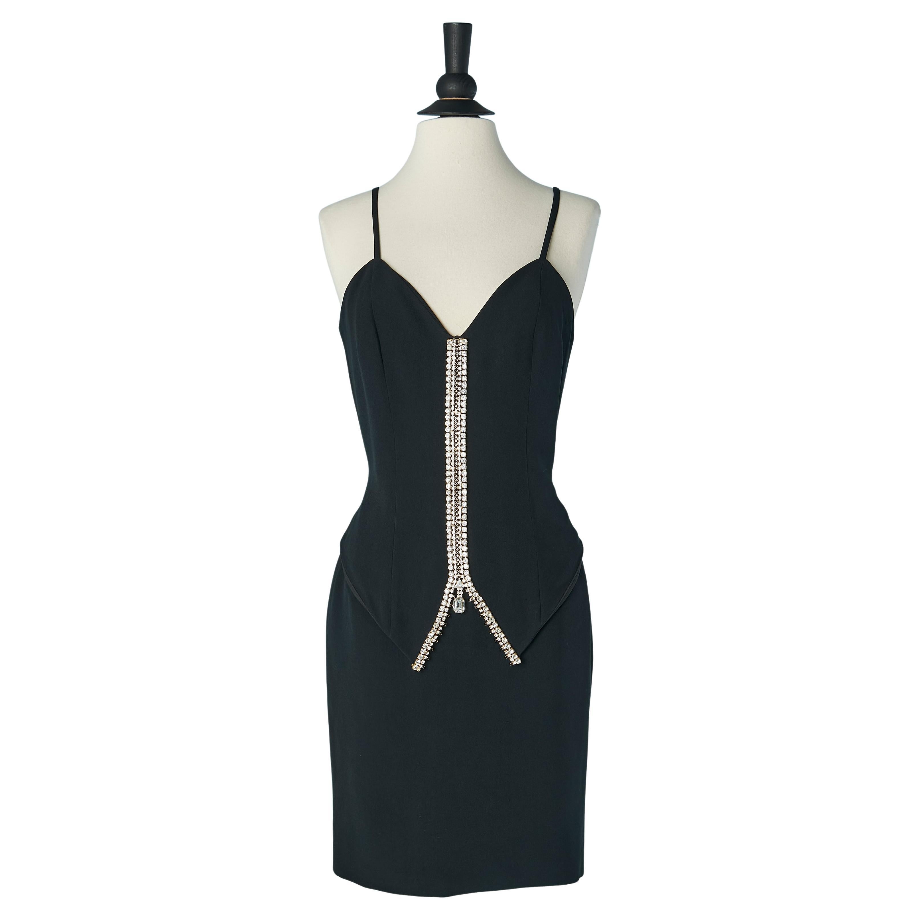 Black cocktail dress with rhinestone embellishment Gai Mattiolo Couture For Sale