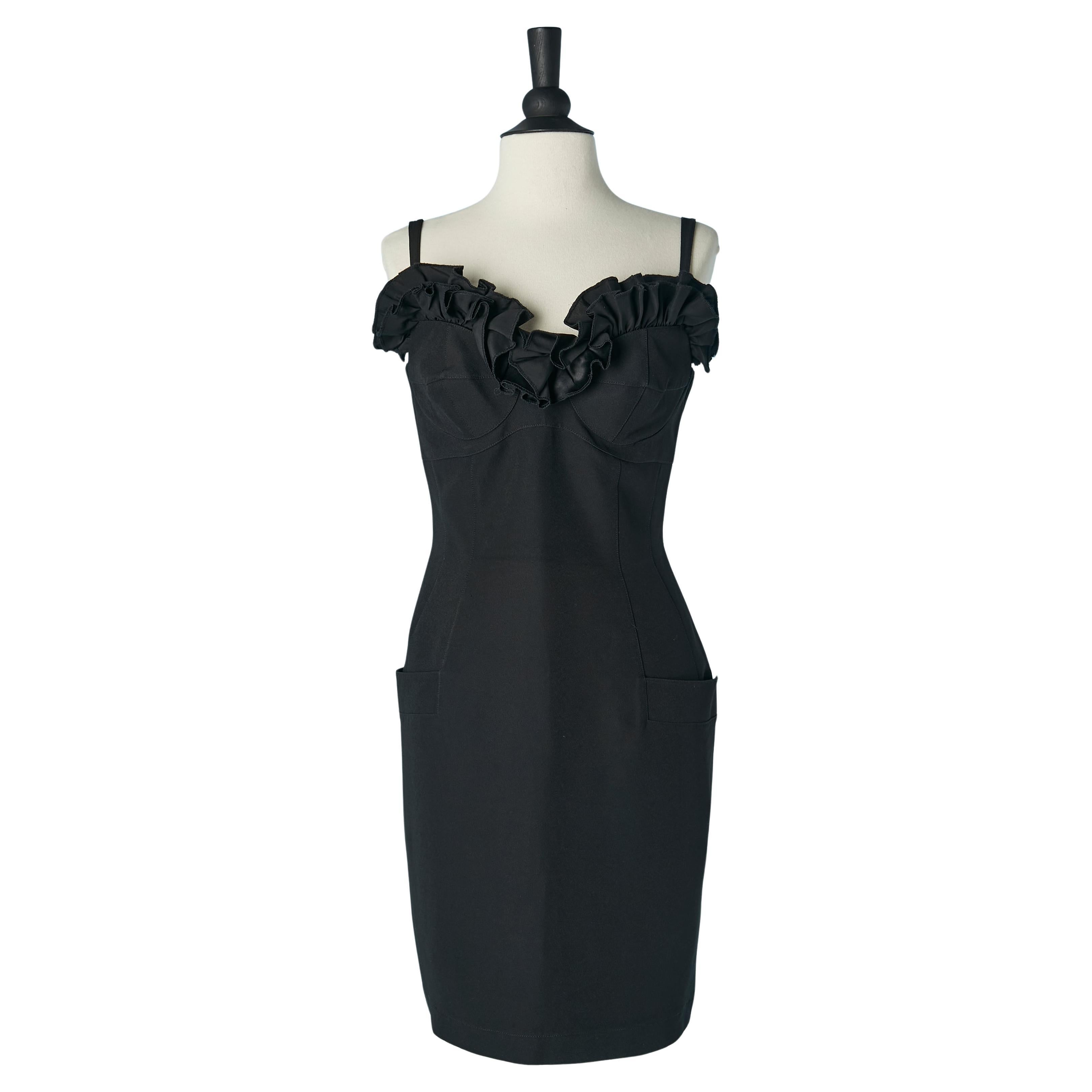 Black cocktail dress with ruffles edge on the top THIERRY MUGLER For Sale