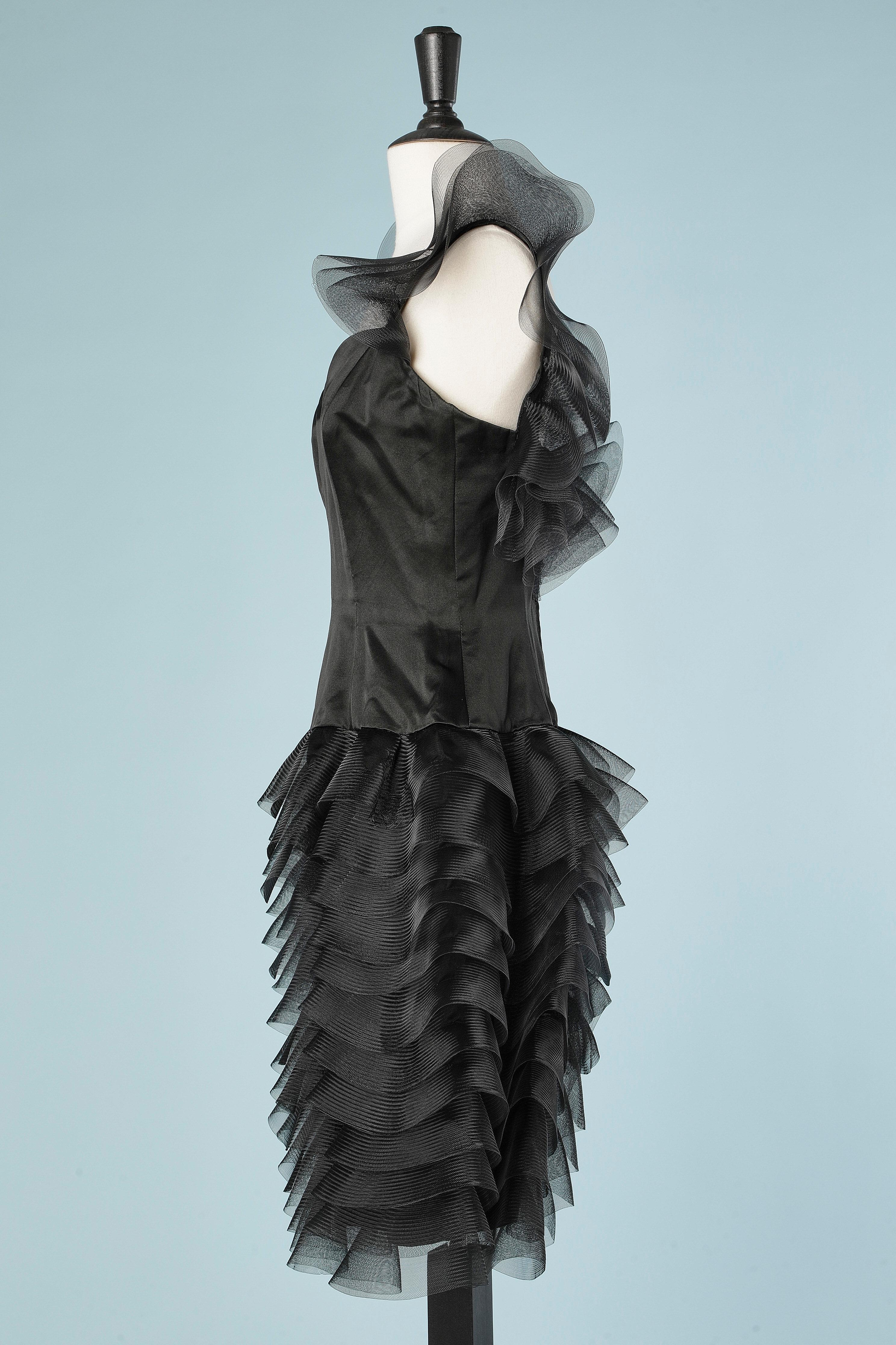 Black cocktail dress with stiff fabric ruffles on shoulders and skirt  For Sale 1