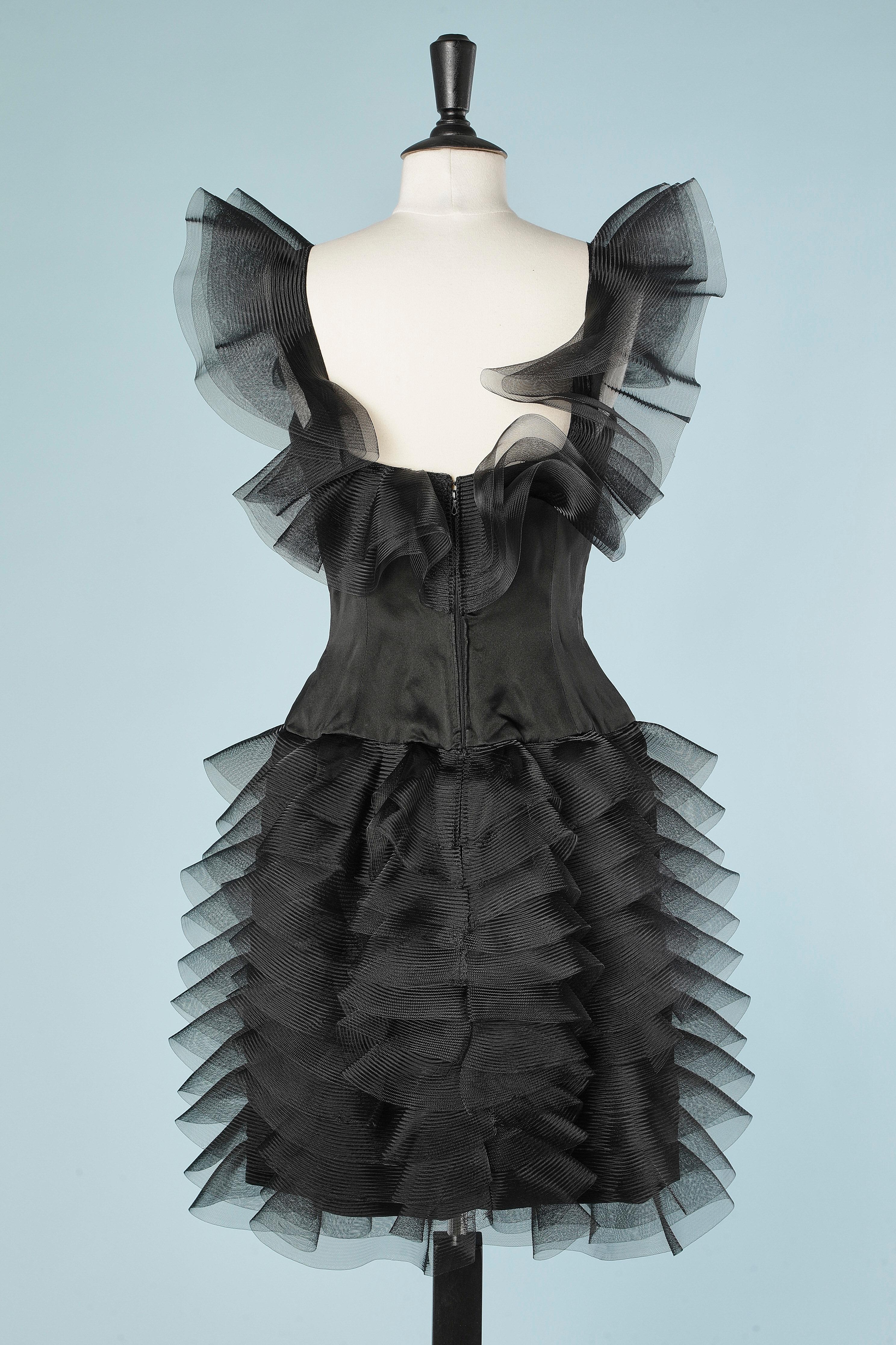 Black cocktail dress with stiff fabric ruffles on shoulders and skirt  For Sale 2