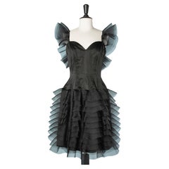 Vintage Black cocktail dress with stiff fabric ruffles on shoulders and skirt 