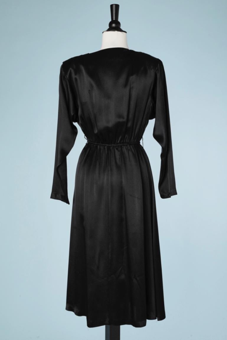 Black cocktail satin dress with rhinestone buttons on the shoulder Pierre Cardin For Sale 1