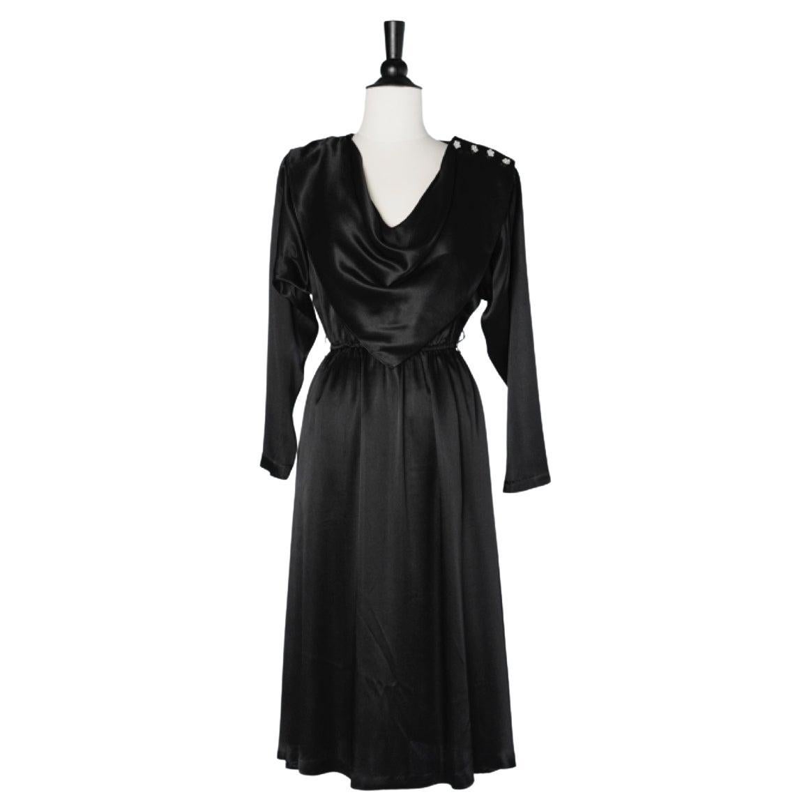 Black cocktail satin dress with rhinestone buttons on the shoulder Pierre Cardin
