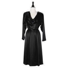 Black cocktail satin dress with rhinestone buttons on the shoulder Pierre Cardin