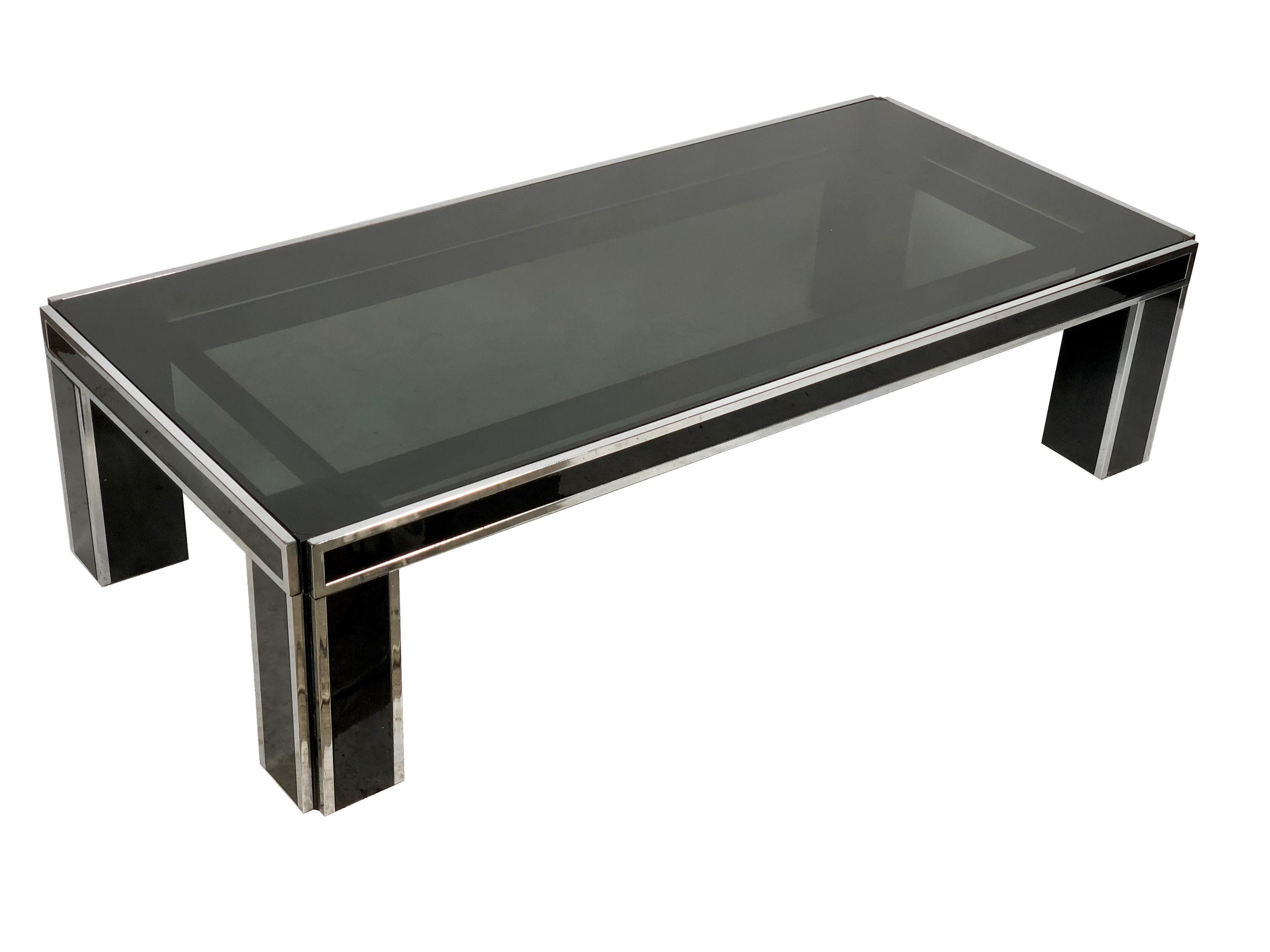 Mid-Century Modern Black Coffee Table in Chrome and Smoked Glass Romeo Rega Style Italy, 1970s