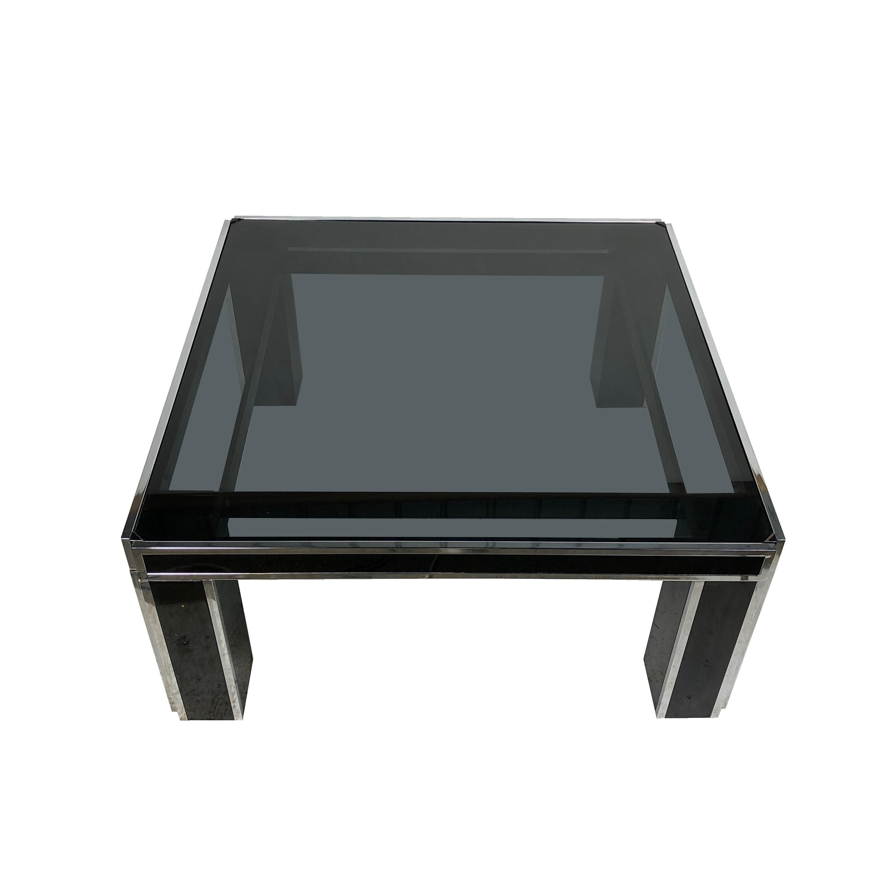 Mid-Century Modern Black Coffee Table in Chrome and Smoked Glass Romeo Rega Style Italy, 1970s