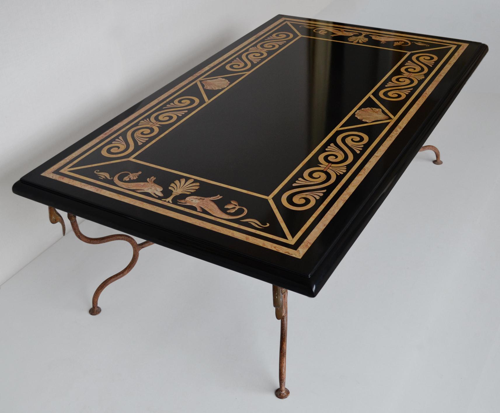 Renaissance Coffee table black marble with scagliola inlay,  metal base, handmade in Italy  For Sale