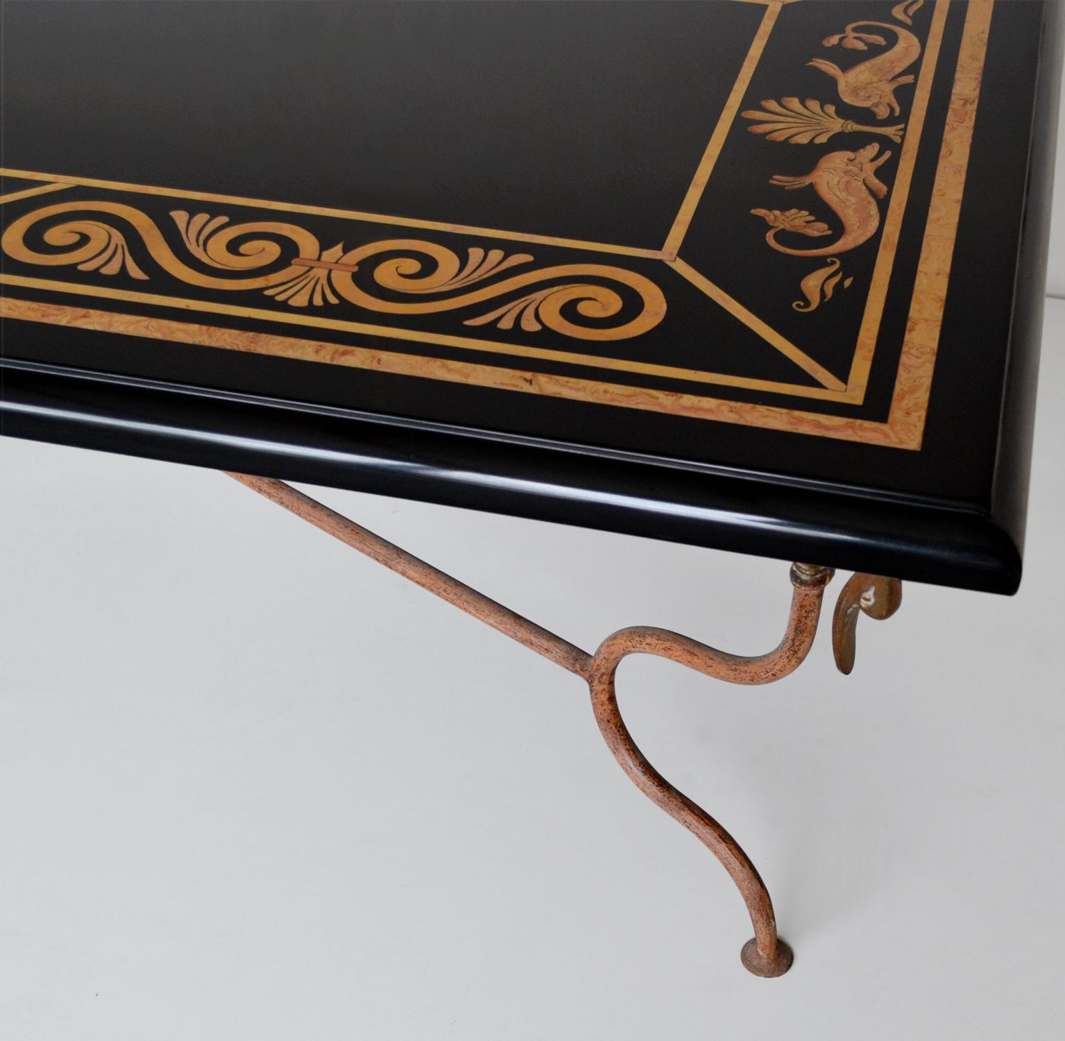 Italian Coffee table black marble with scagliola inlay,  metal base, handmade in Italy  For Sale