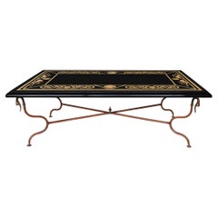 Coffee table black marble with scagliola inlay,  metal base, handmade in Italy 