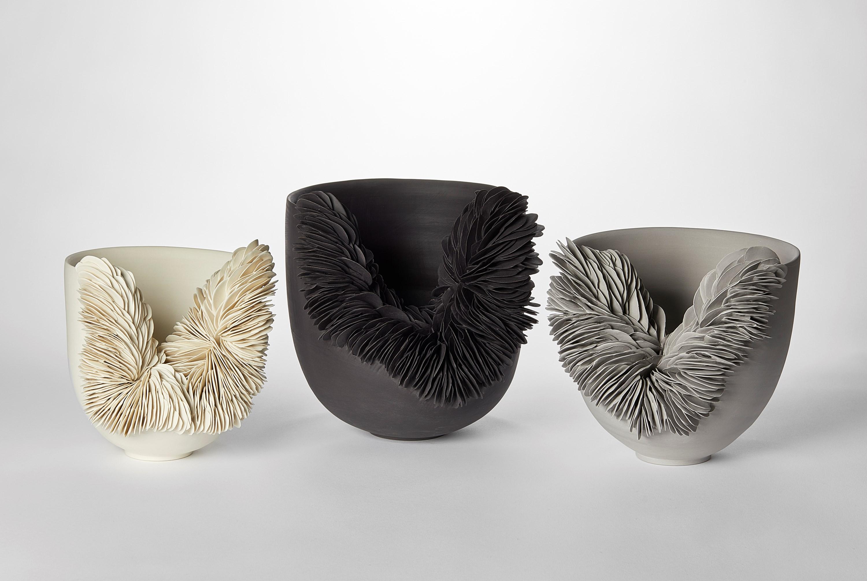 British Black Collapsed Bowl, textured porcelain sculptural vessel by Olivia Walker For Sale
