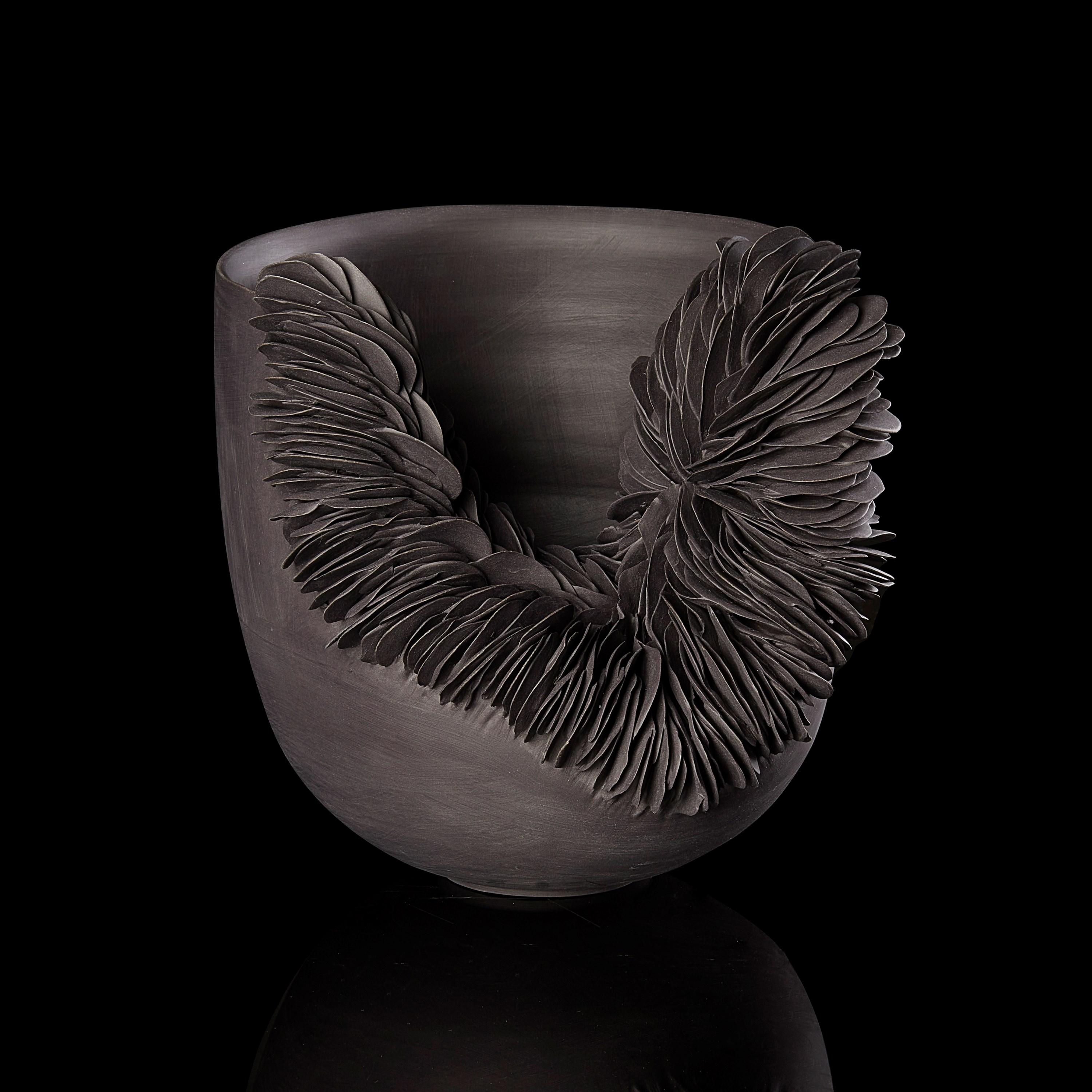 Hand-Crafted Black Collapsed Bowl, textured porcelain sculptural vessel by Olivia Walker For Sale