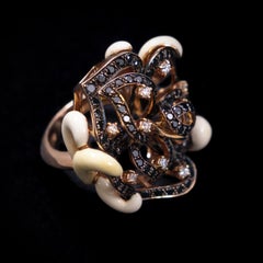 Black Colorless Diamond White Enamel Organic Cocktail Ring 18K Rose Gold Italian