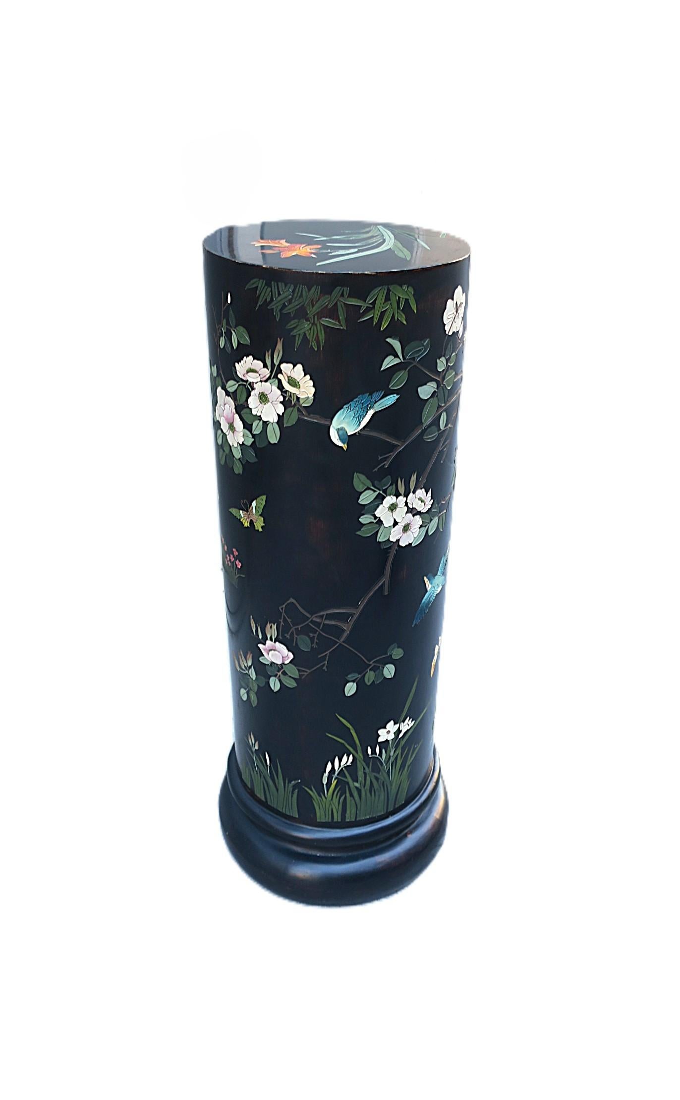 Chinoiserie Black Column Pedestal Birds Flowers Butterflies For Sale