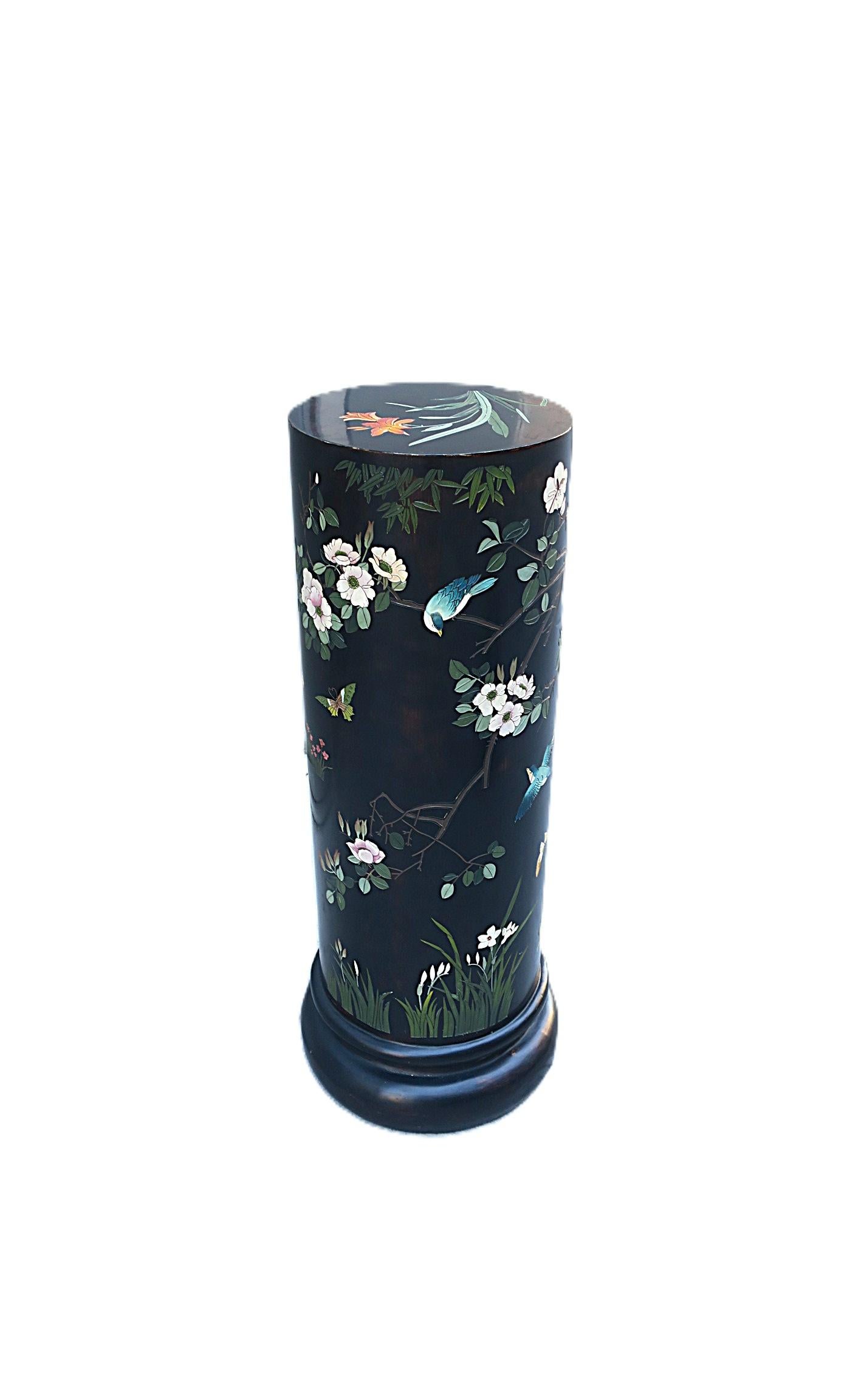Black Column Pedestal Birds Flowers Butterflies In Good Condition For Sale In New York, NY