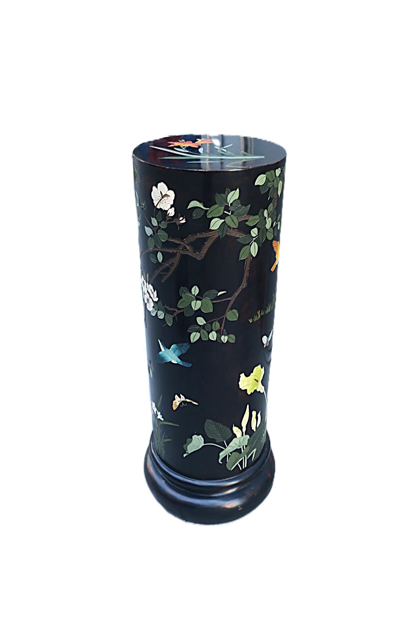 20th Century Black Column Pedestal Birds Flowers Butterflies For Sale