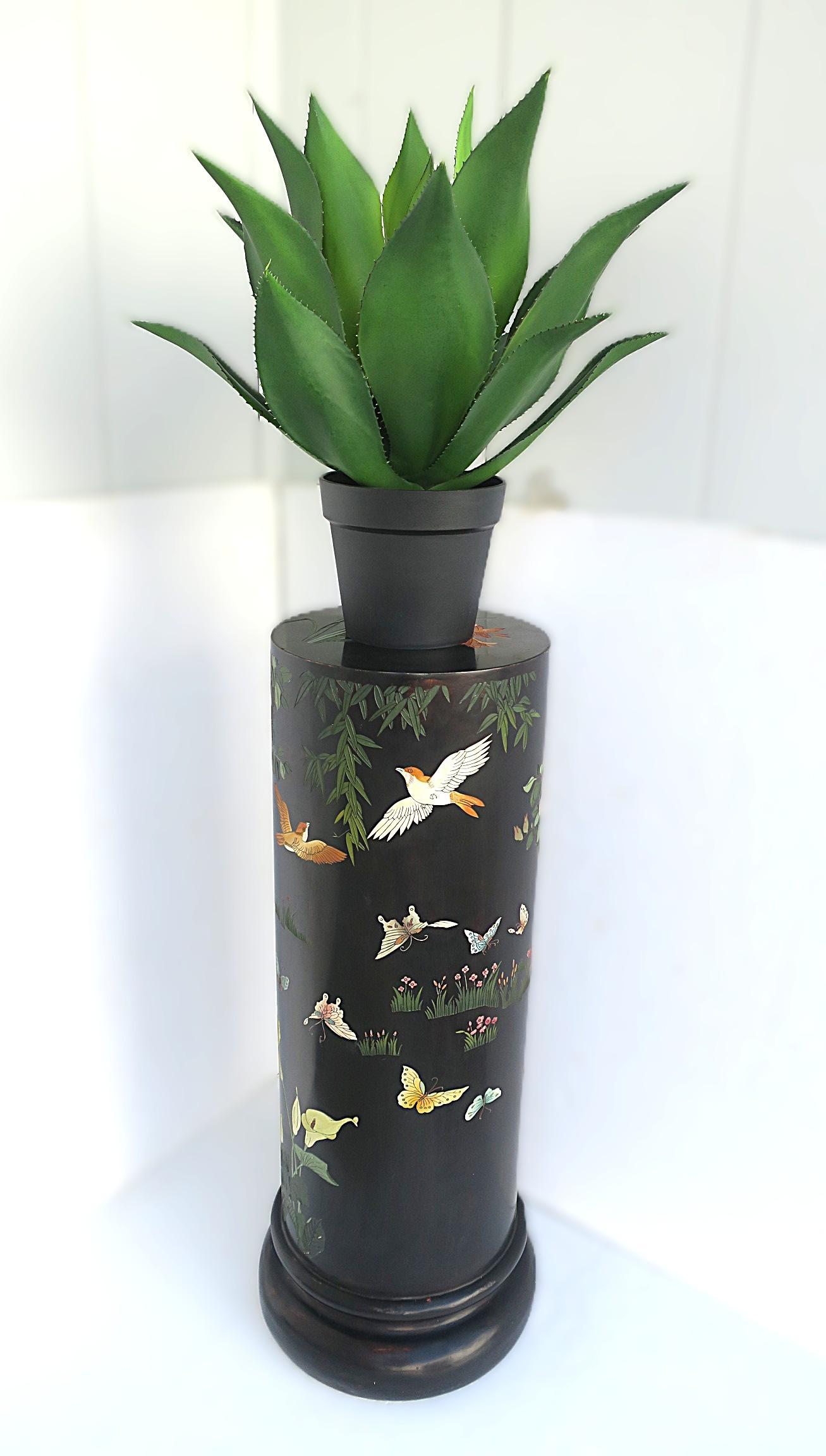 20th Century Black Column Pedestal Birds Flowers Butterflies For Sale
