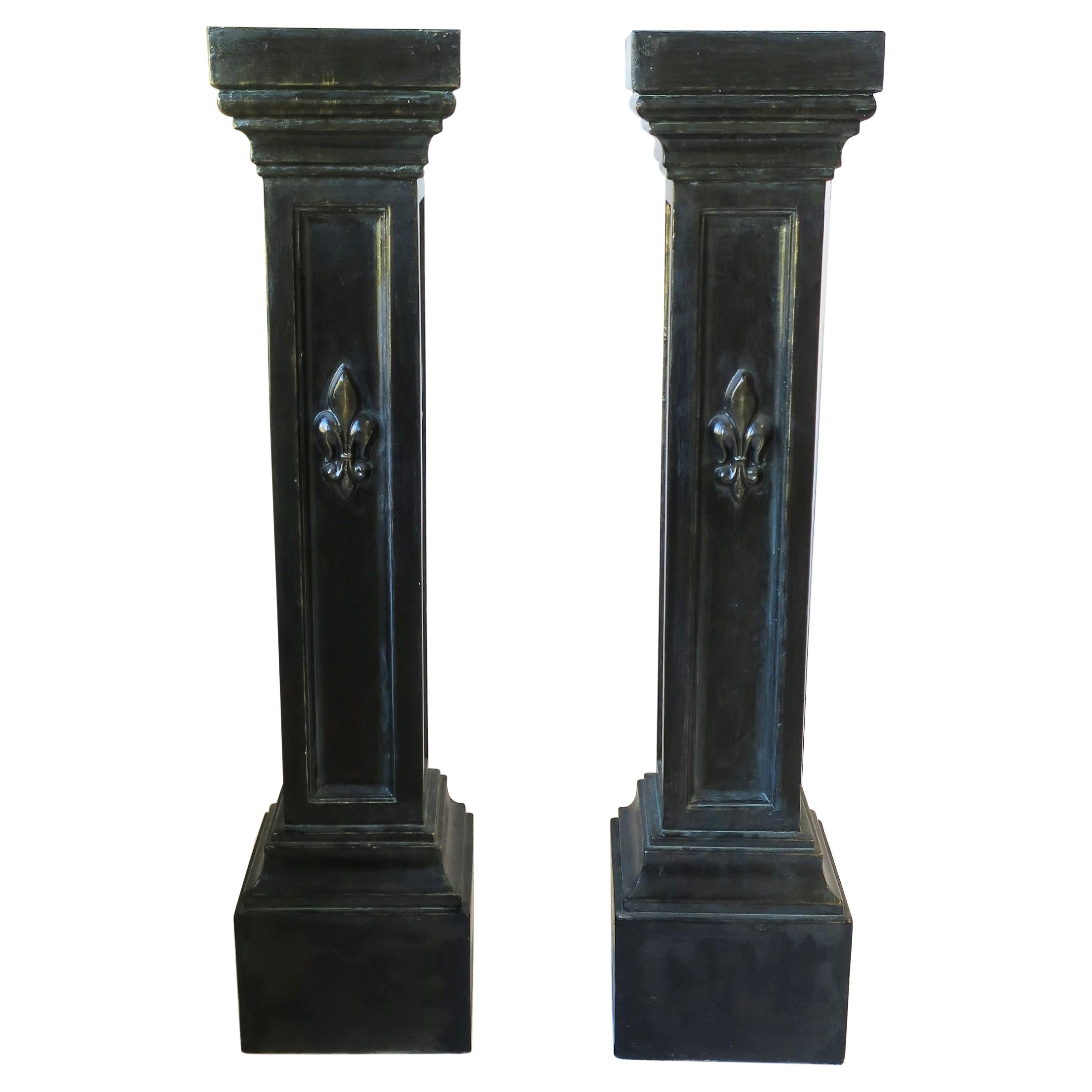 Black Column Pedestal Stands with French Fleur de Lis, Pair