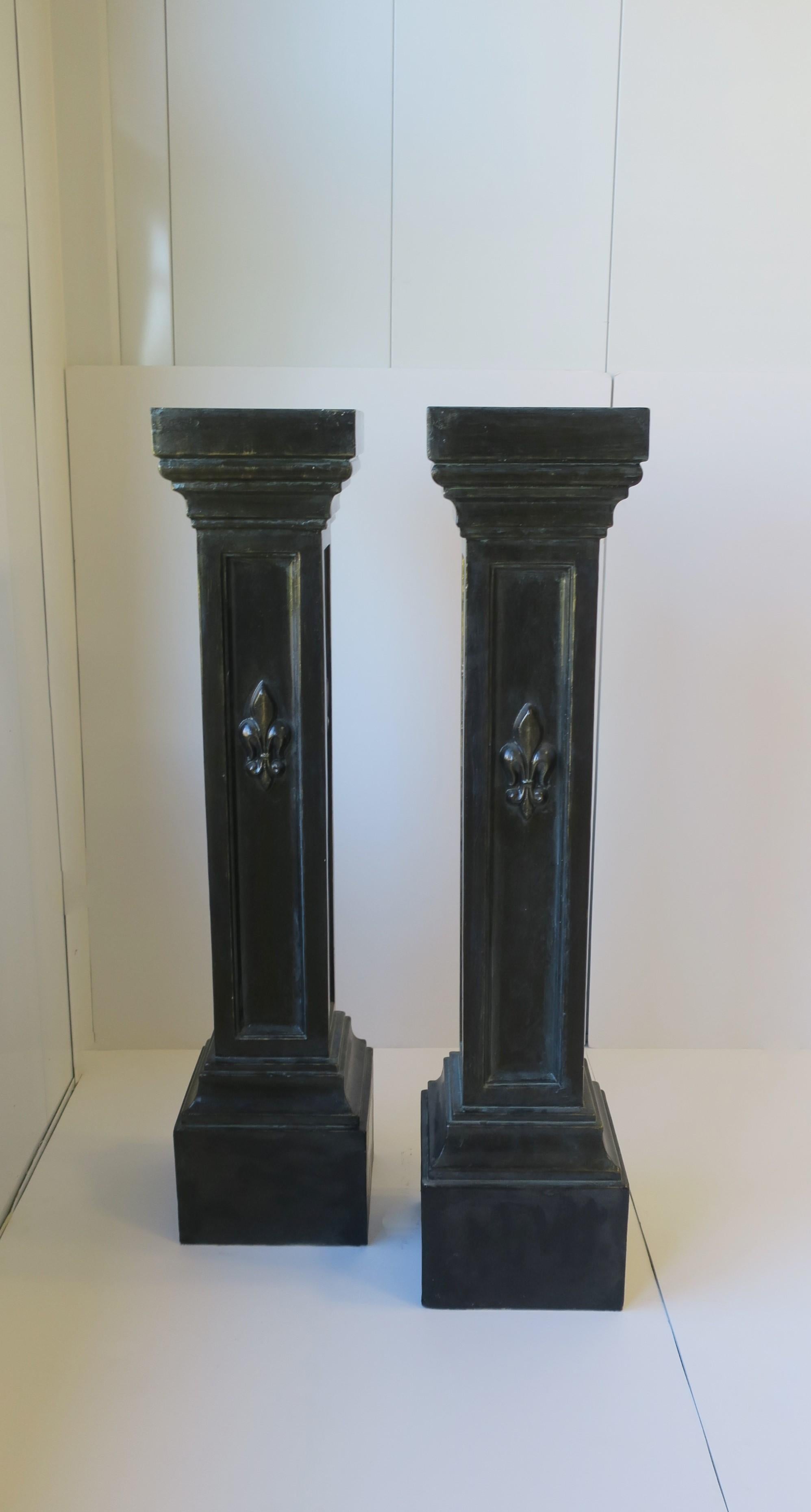 Painted Black Column Pillar Pedestal Plaster Stands with French Fluer de Lis, Pair For Sale