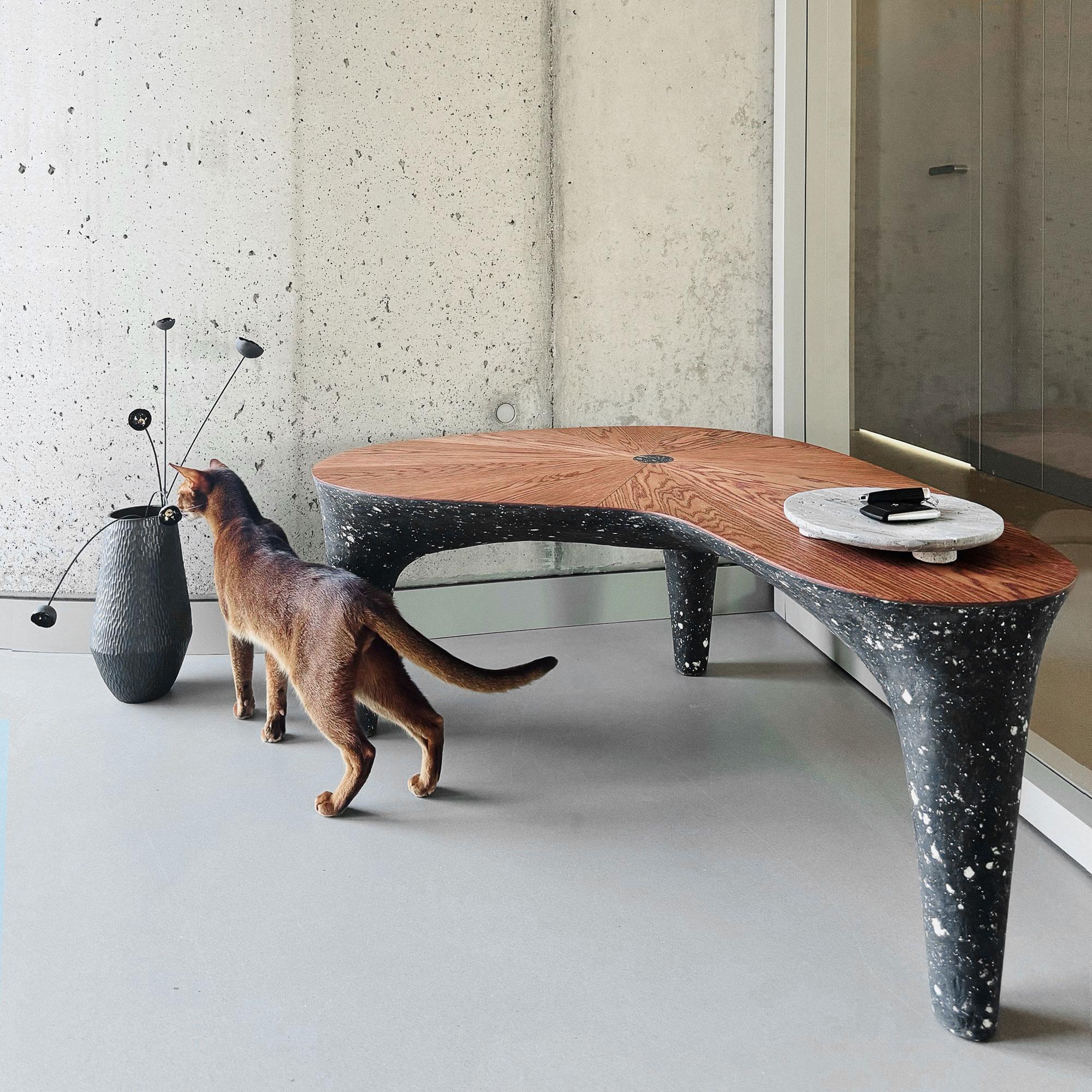 Modern Black Concrete Bench, Natural Oak Tabletop by Donatas Žukauskas For Sale 2