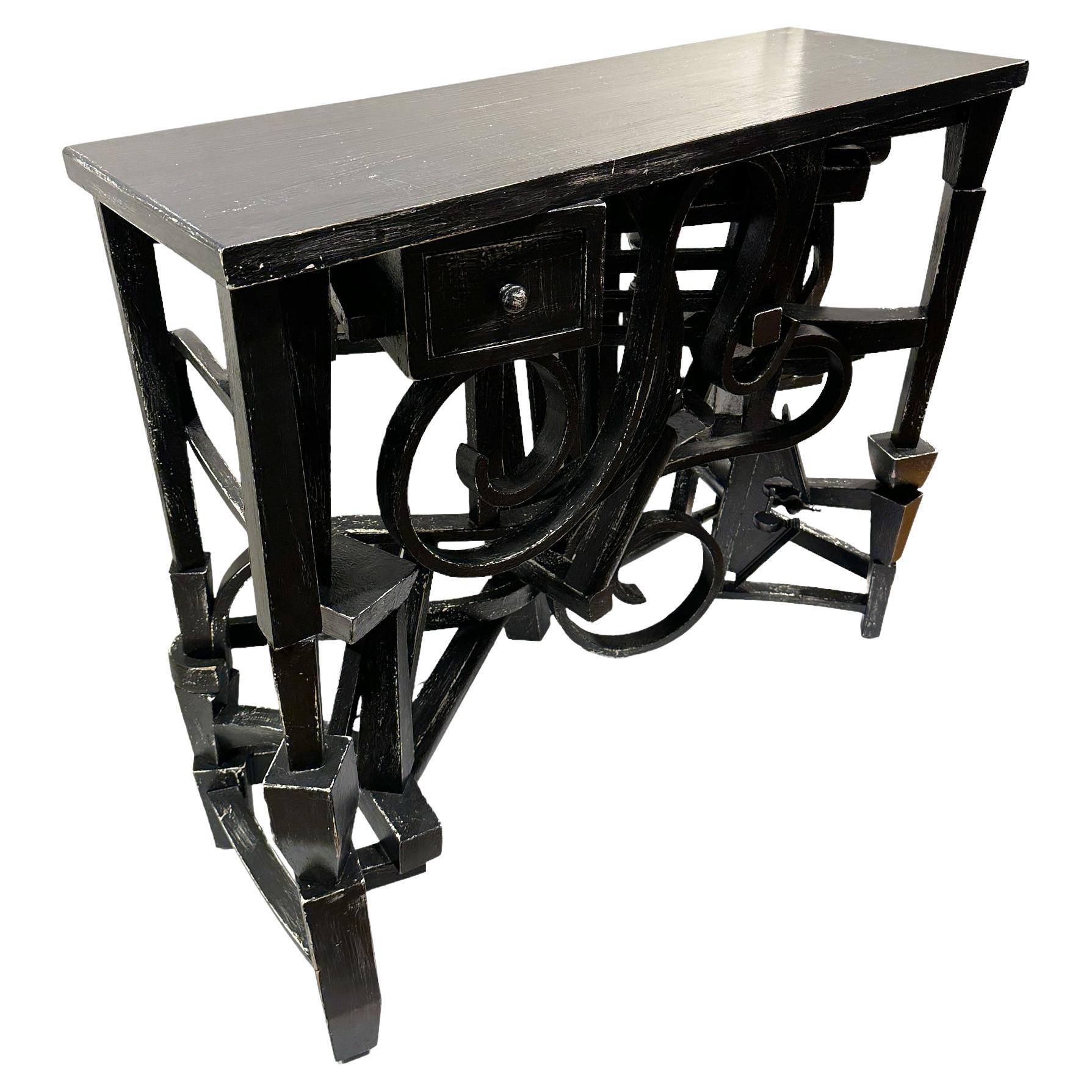 Modern Black Console/Entry Table with Drawer, Distressed, Found Wooden Spindles