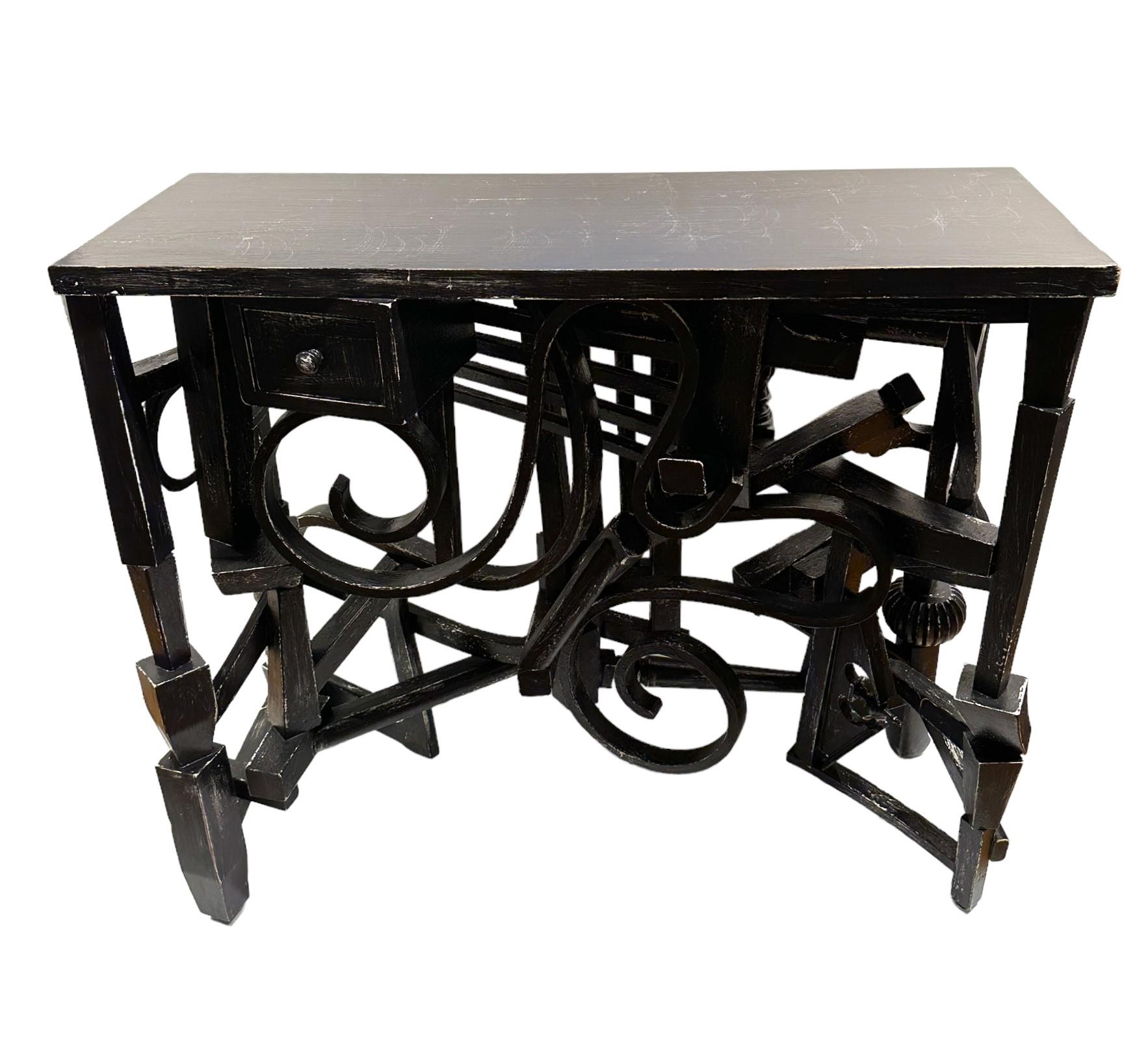 Hand-Crafted Black Console/Entry Table with Drawer, Distressed, Found Wooden Spindles