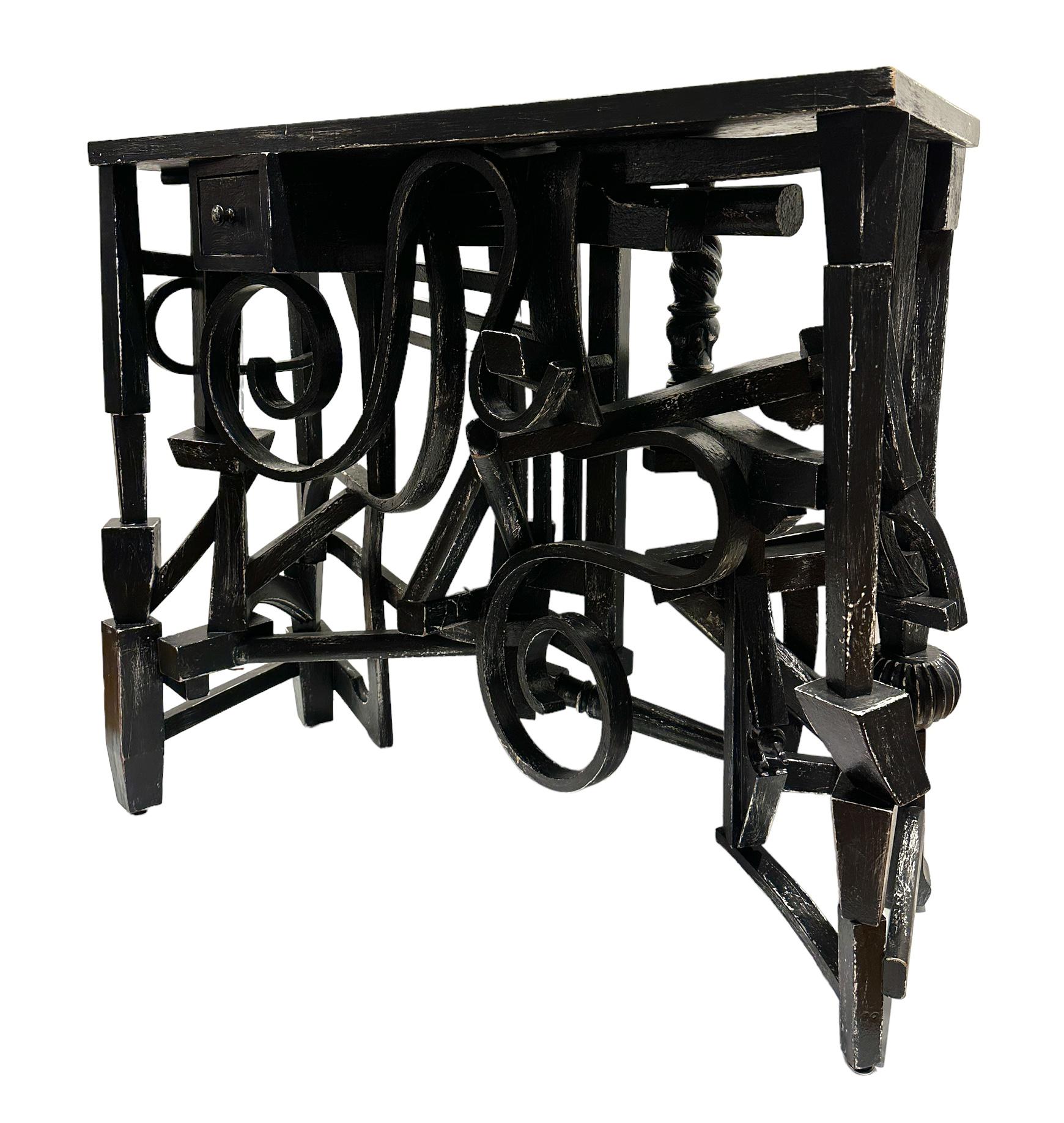 Black Console/Entry Table with Drawer, Distressed, Found Wooden Spindles In New Condition In Chicago, IL