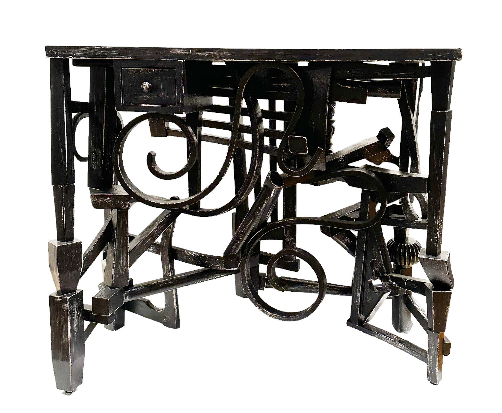 Contemporary Black Console/Entry Table with Drawer, Distressed, Found Wooden Spindles