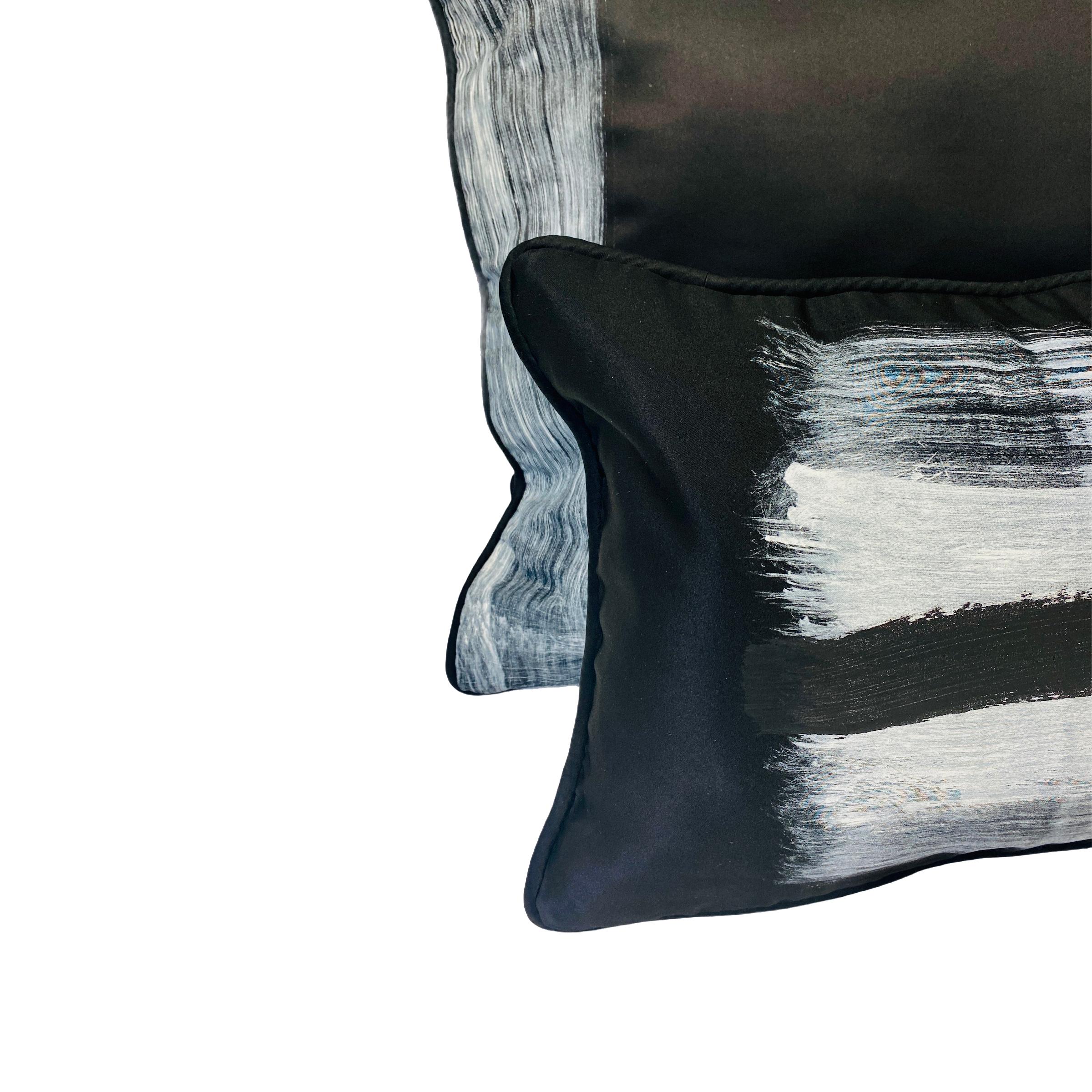 Black Contemporary Delicately Hand-Painted White-Edged Throw Pillows In New Condition For Sale In New York, NY