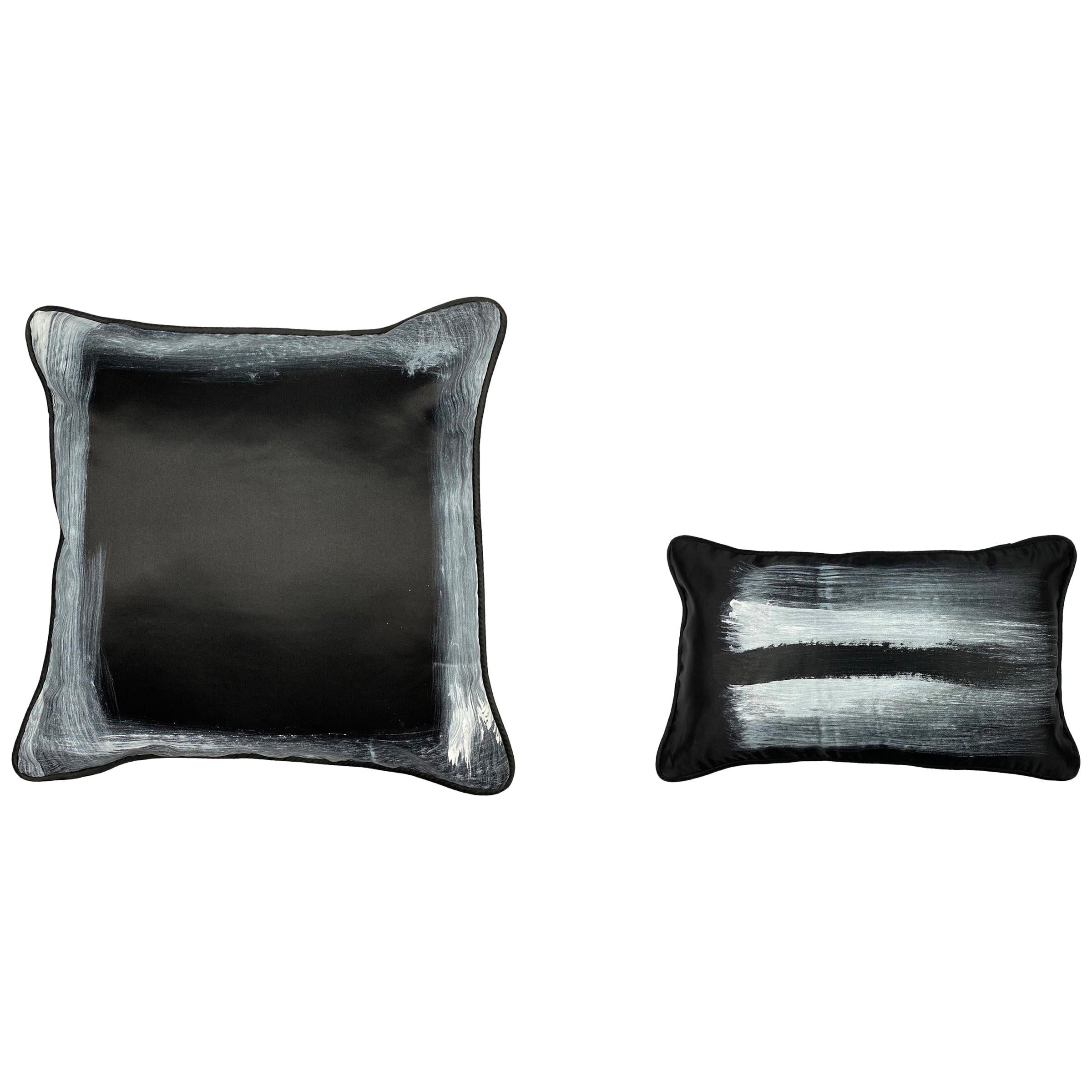 Black Contemporary Delicately Hand-Painted White-Edged Throw Pillows