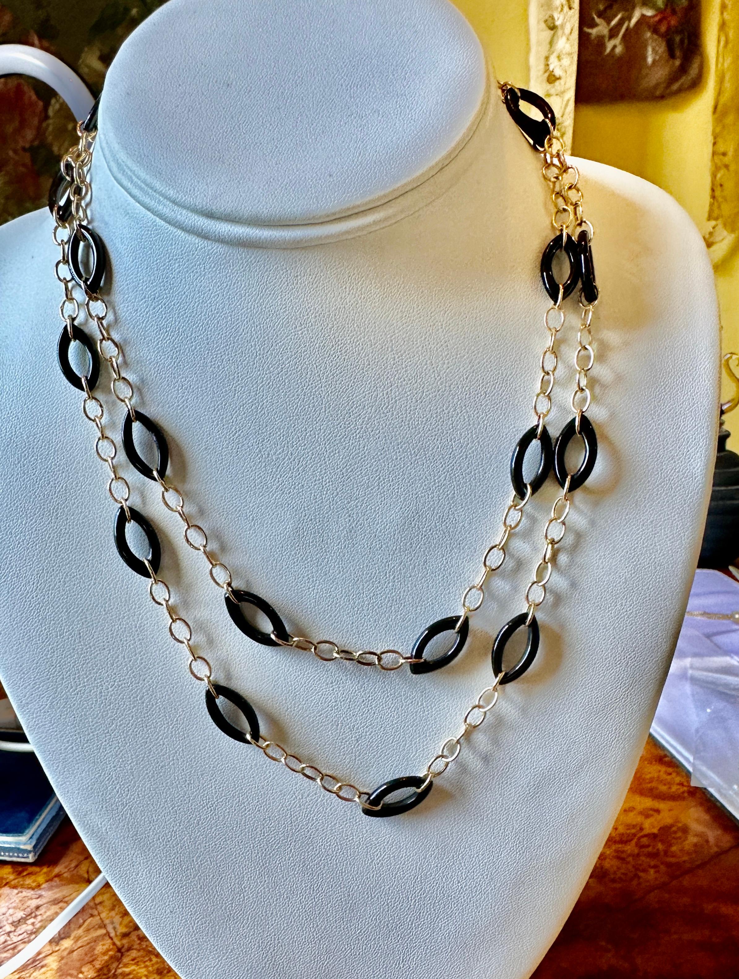 Marquise Cut Black Coral 14 Karat Gold Necklace 36 Inches Chain Link Necklace For Sale