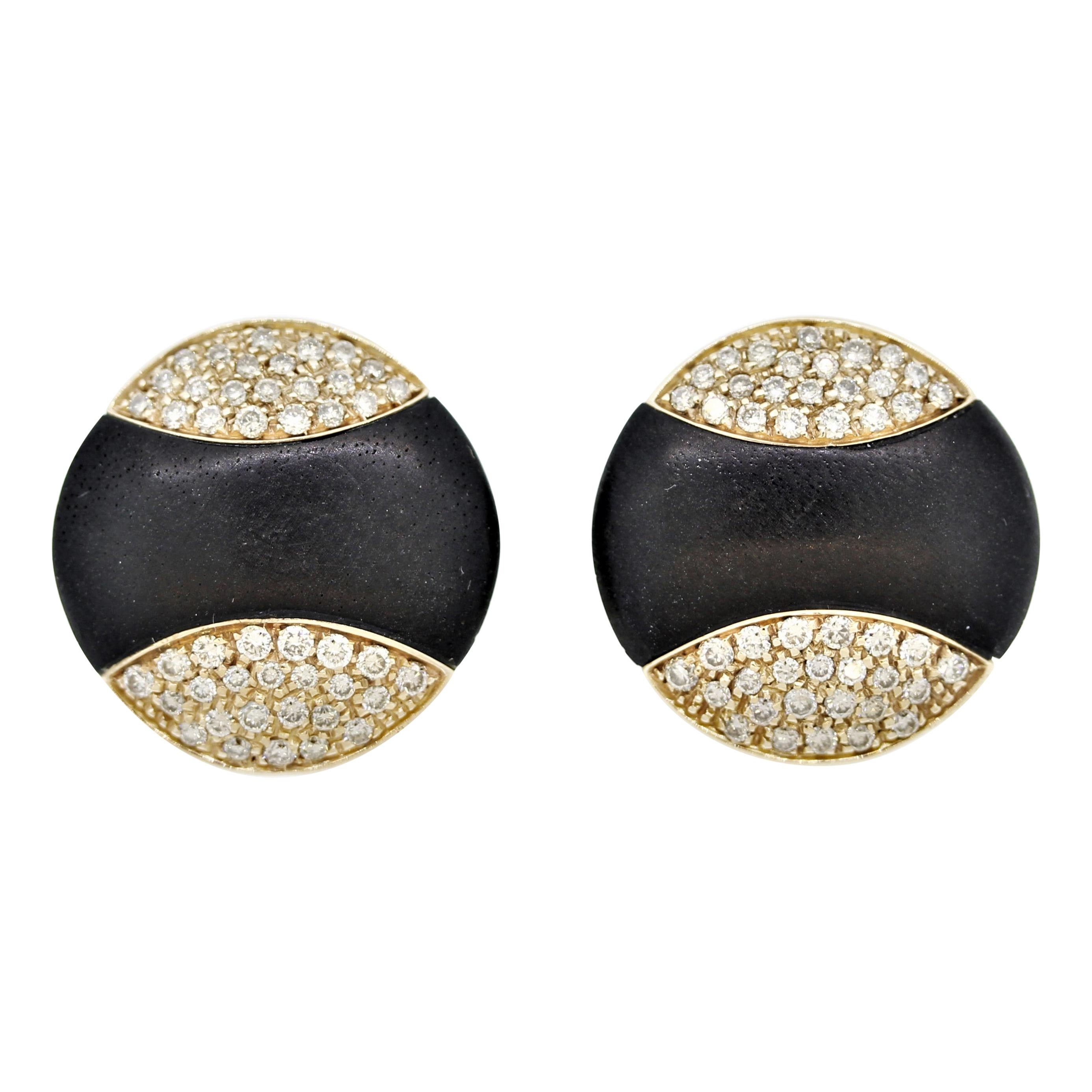 Black-Coral Diamond Gold Round Button Earrings For Sale