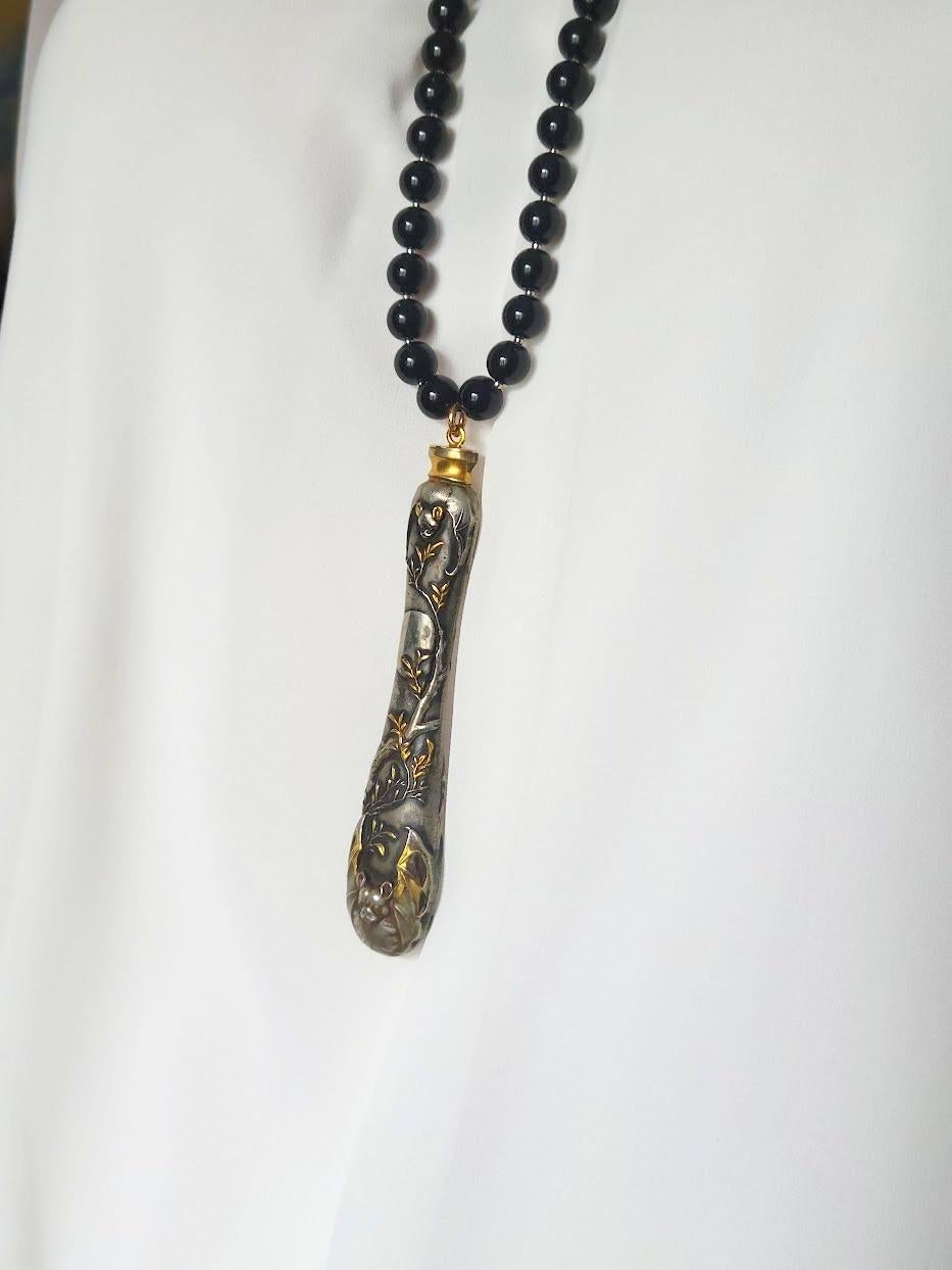 Black Coral Gold Necklace And Japanese Shakudo Pendant In Excellent Condition For Sale In Chesterland, OH