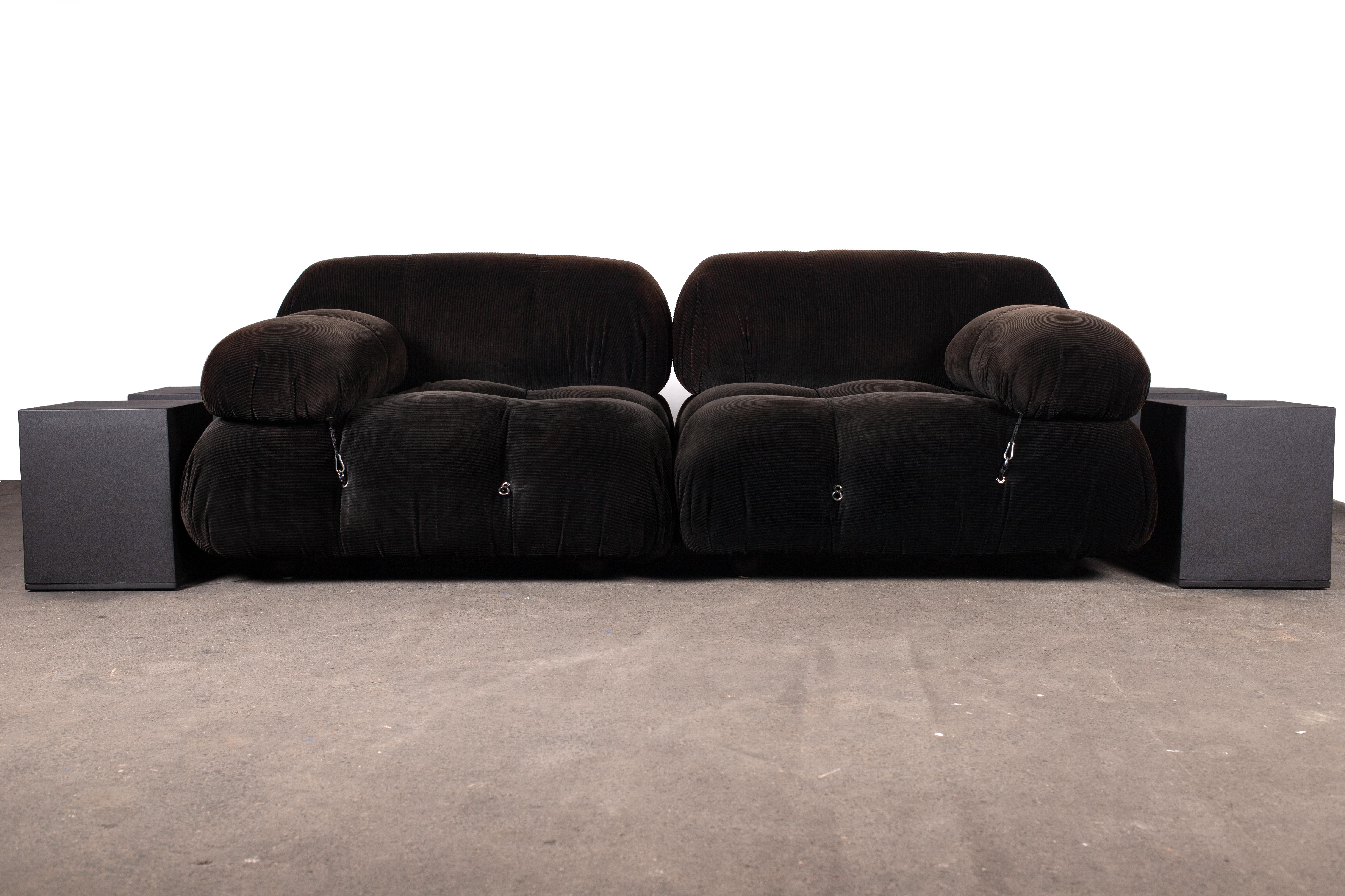 Historical and original early Organic Modern C&B Italia (now B&B Italia) 2-piece Camaleonda sectional sofa by Mario Bellini in black cord fabric. Consists of two lounge chairs of the largest 3x3 format in the series. Both have back rests and one arm