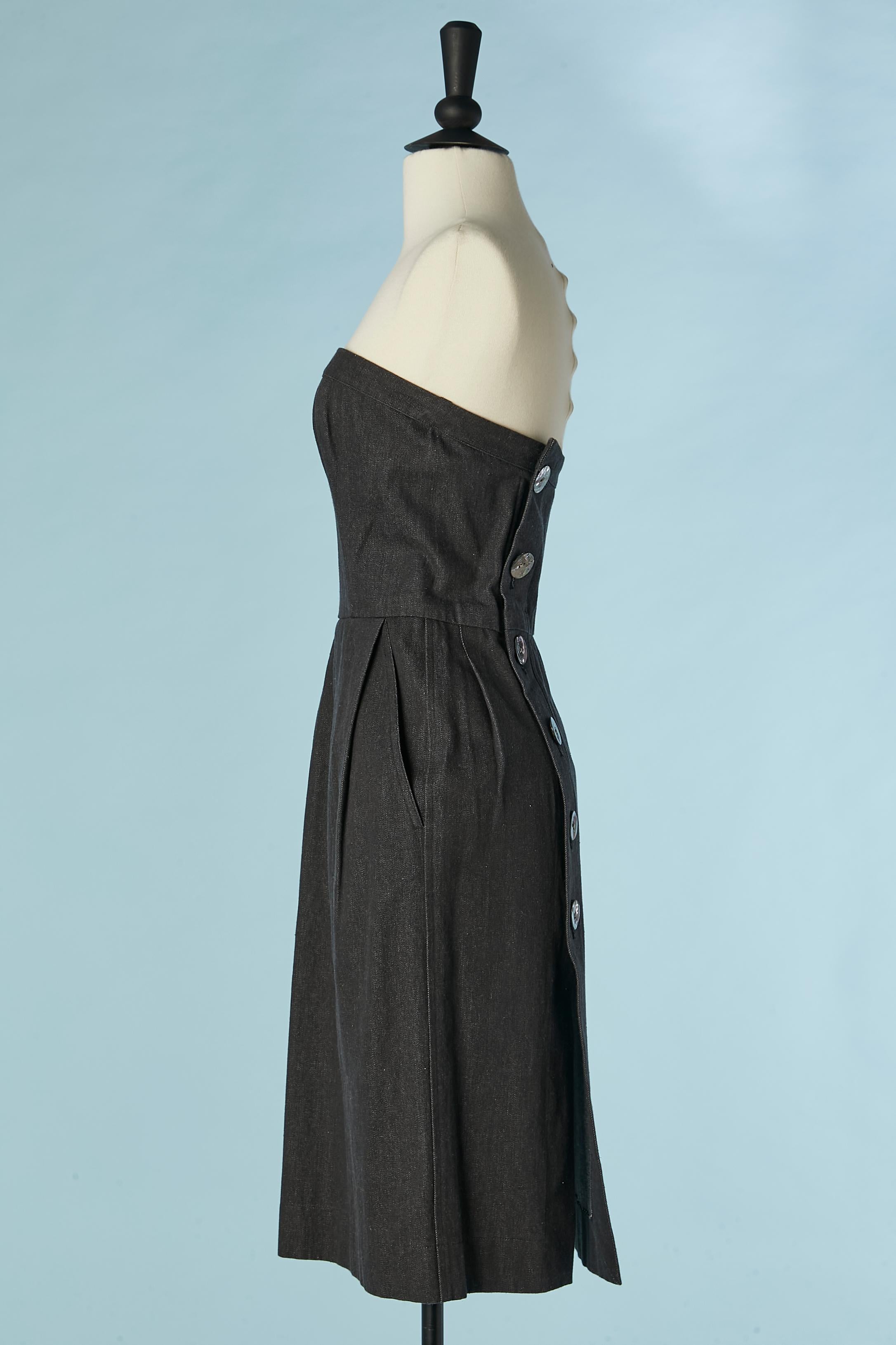 Women's Black cotton bustier dress with mother of shell buttons  YSL Rive Gauche C1991 For Sale
