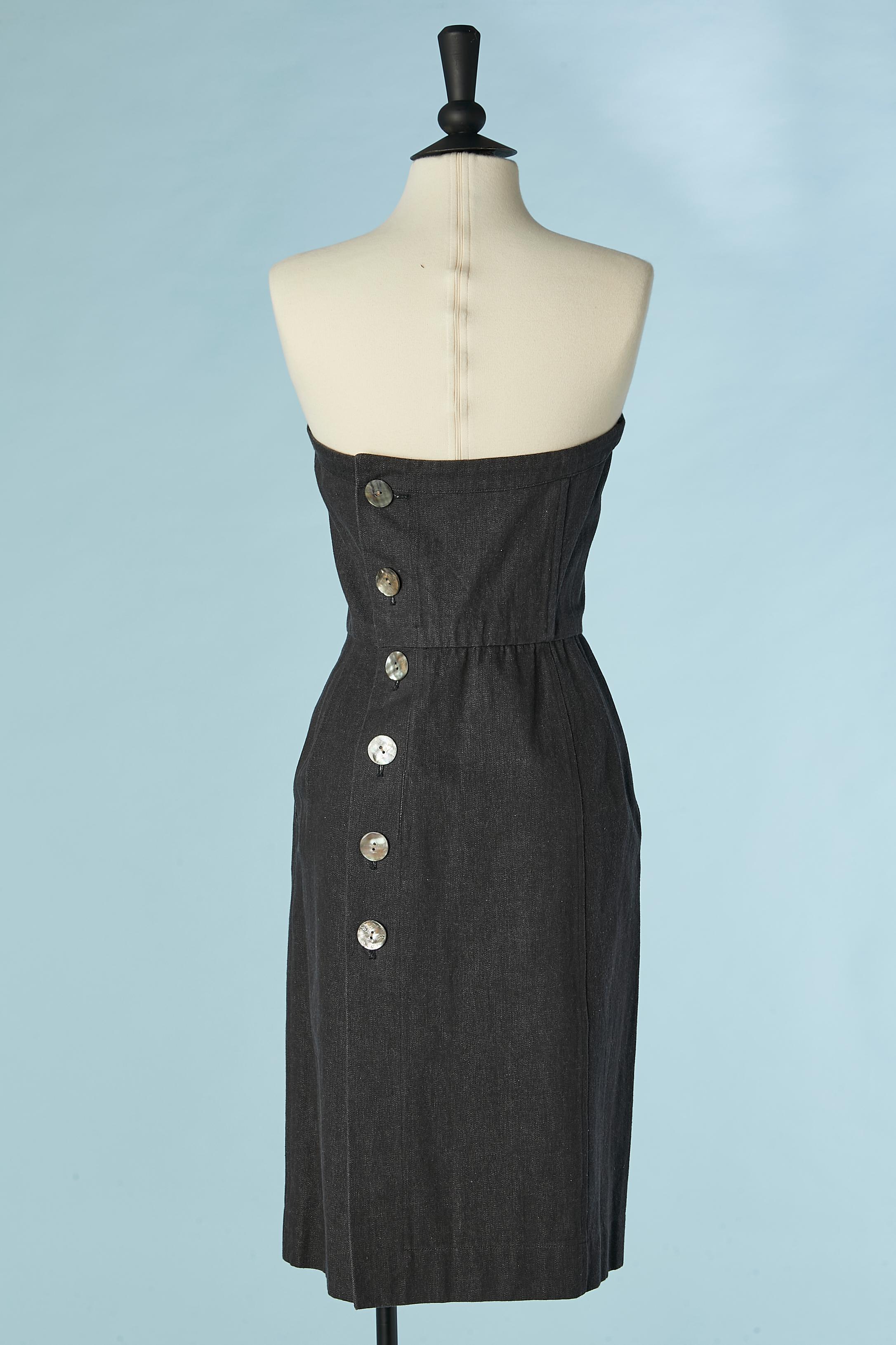 Black cotton bustier dress with mother of shell buttons  YSL Rive Gauche C1991 For Sale 1