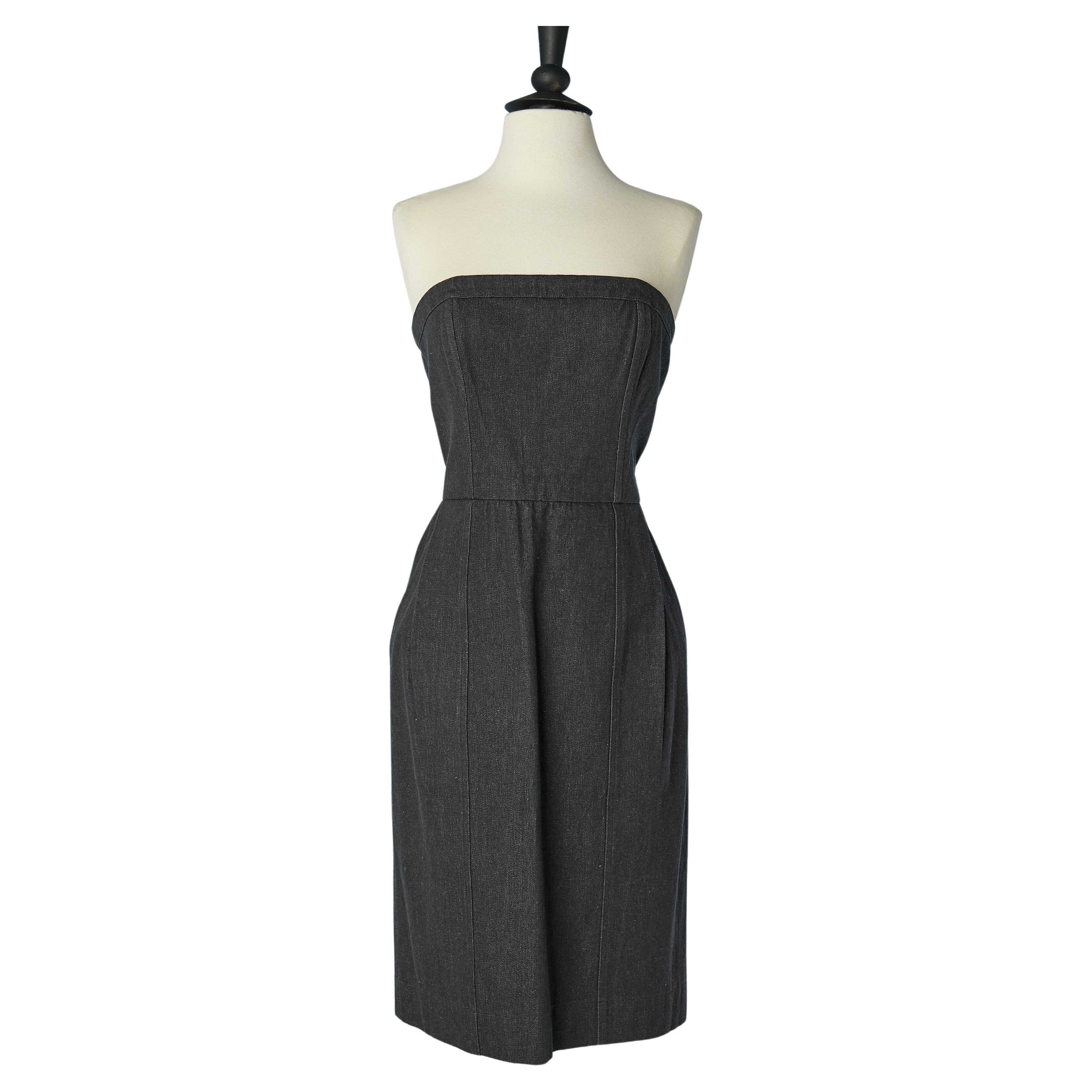 Black cotton bustier dress with mother of shell buttons  YSL Rive Gauche C1991 For Sale
