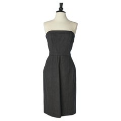 Retro Black cotton bustier dress with mother of shell buttons  YSL Rive Gauche C1991