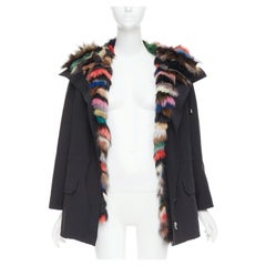 Black cotton detachable multicolour fox fur lined parka coat IT36 XXS