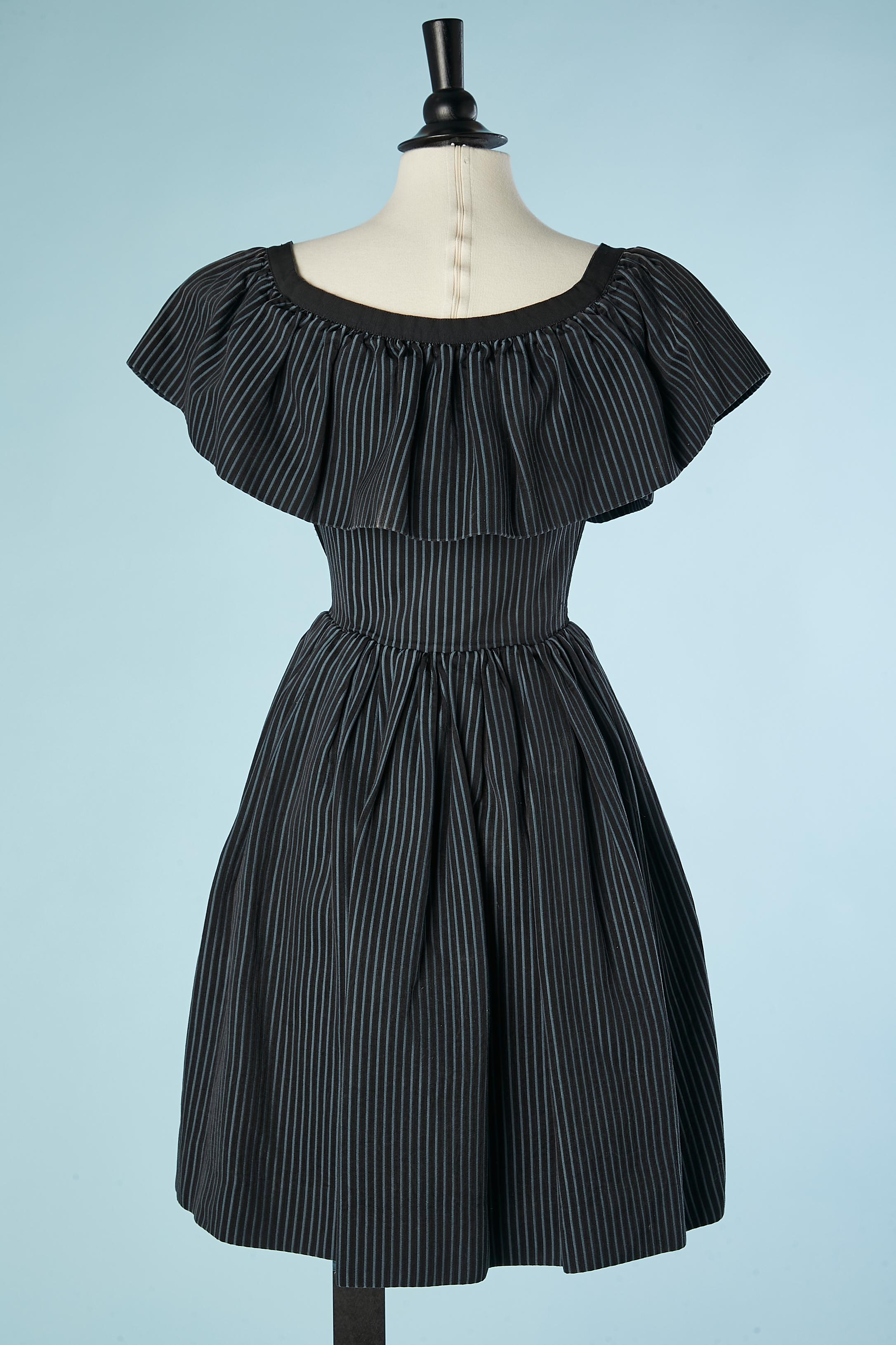 Black cotton dress with blue stripes, ruffles and bow YSL Rive Gauche  For Sale 1