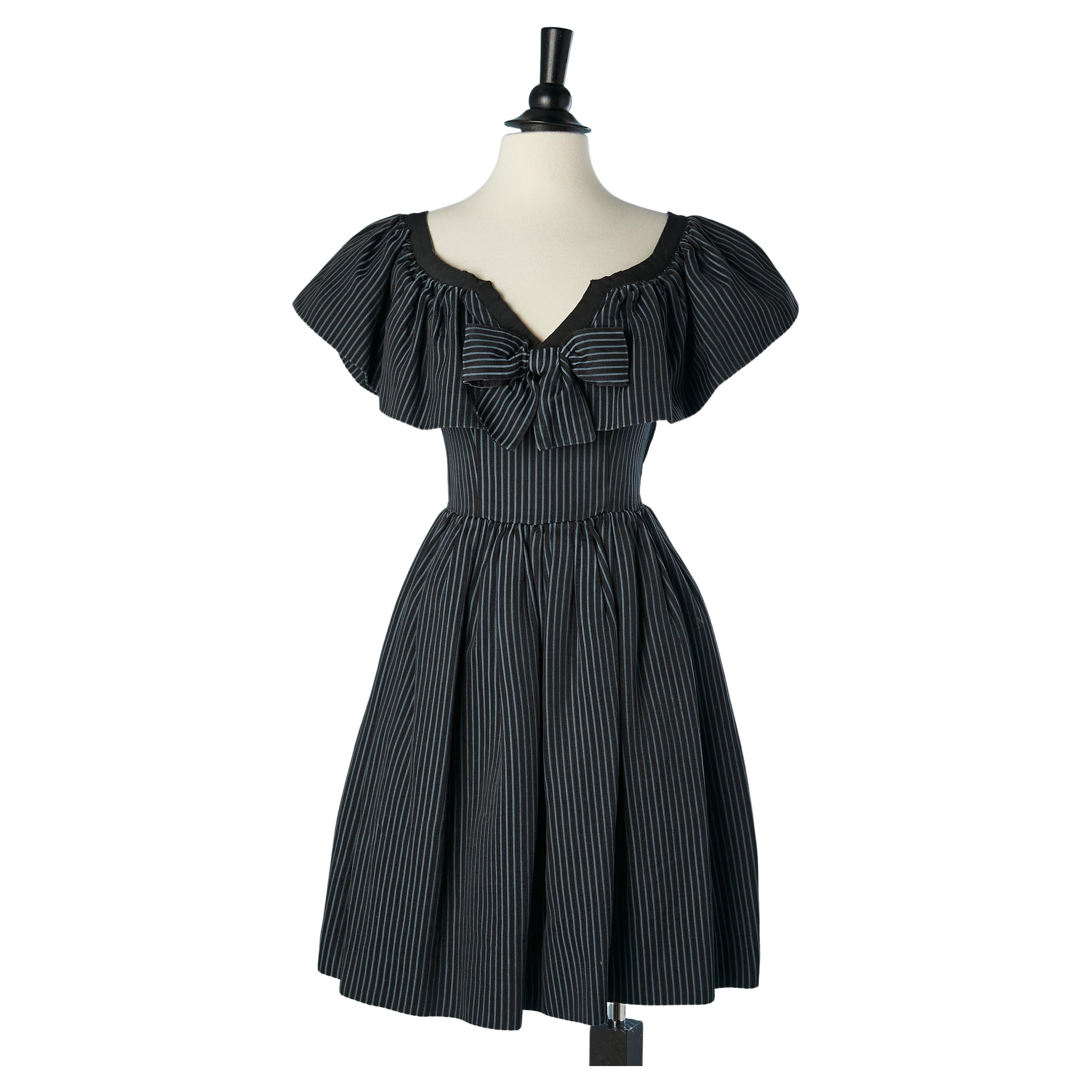 Black cotton dress with blue stripes, ruffles and bow YSL Rive Gauche  For Sale